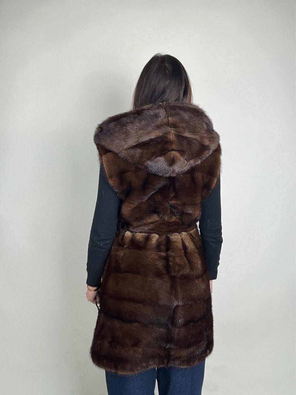 Mink jacket with belt and hood