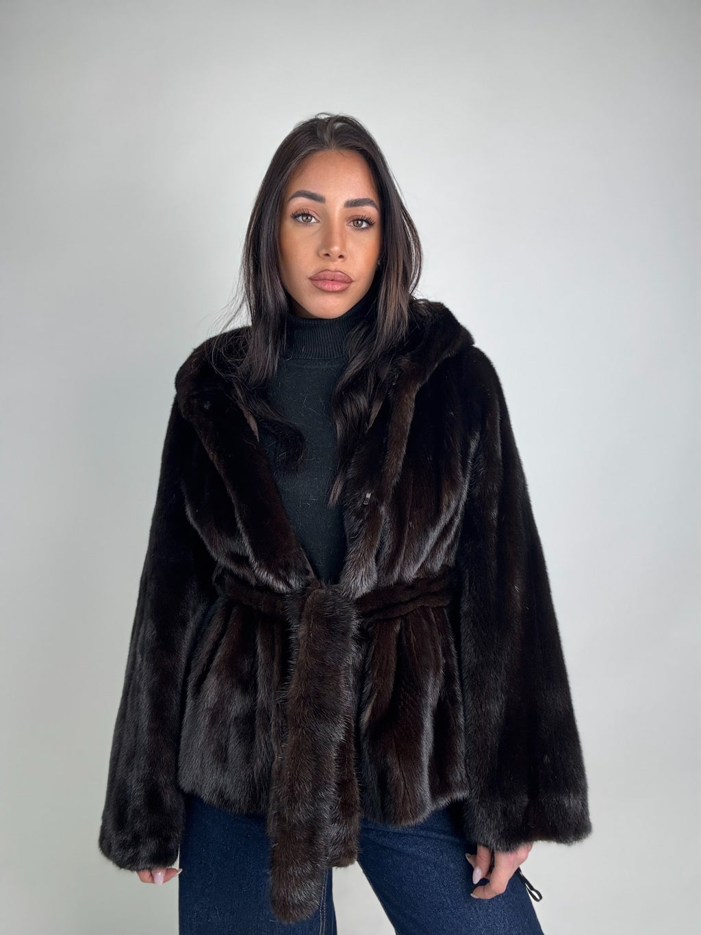 Mink jacket with belt and hood