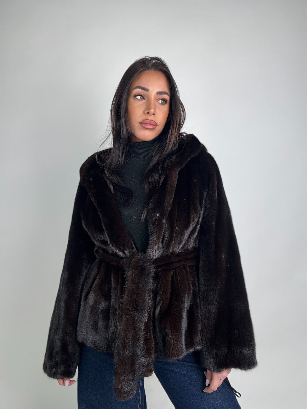 Mink jacket with belt and hood