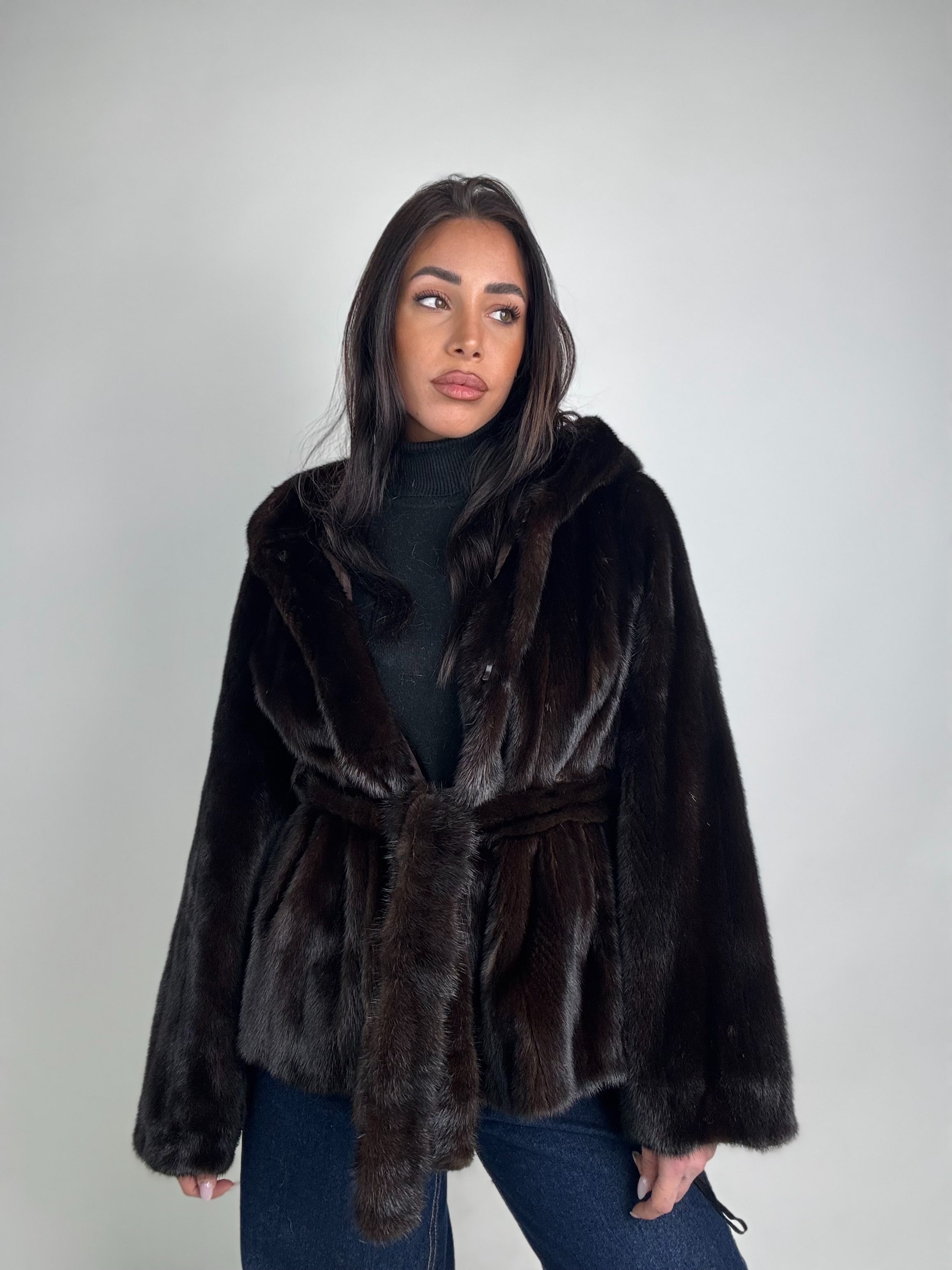 Mink jacket with belt and hood
