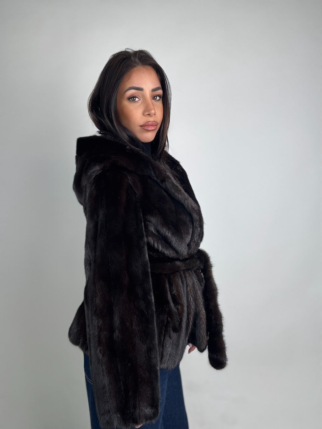Mink jacket with belt and hood