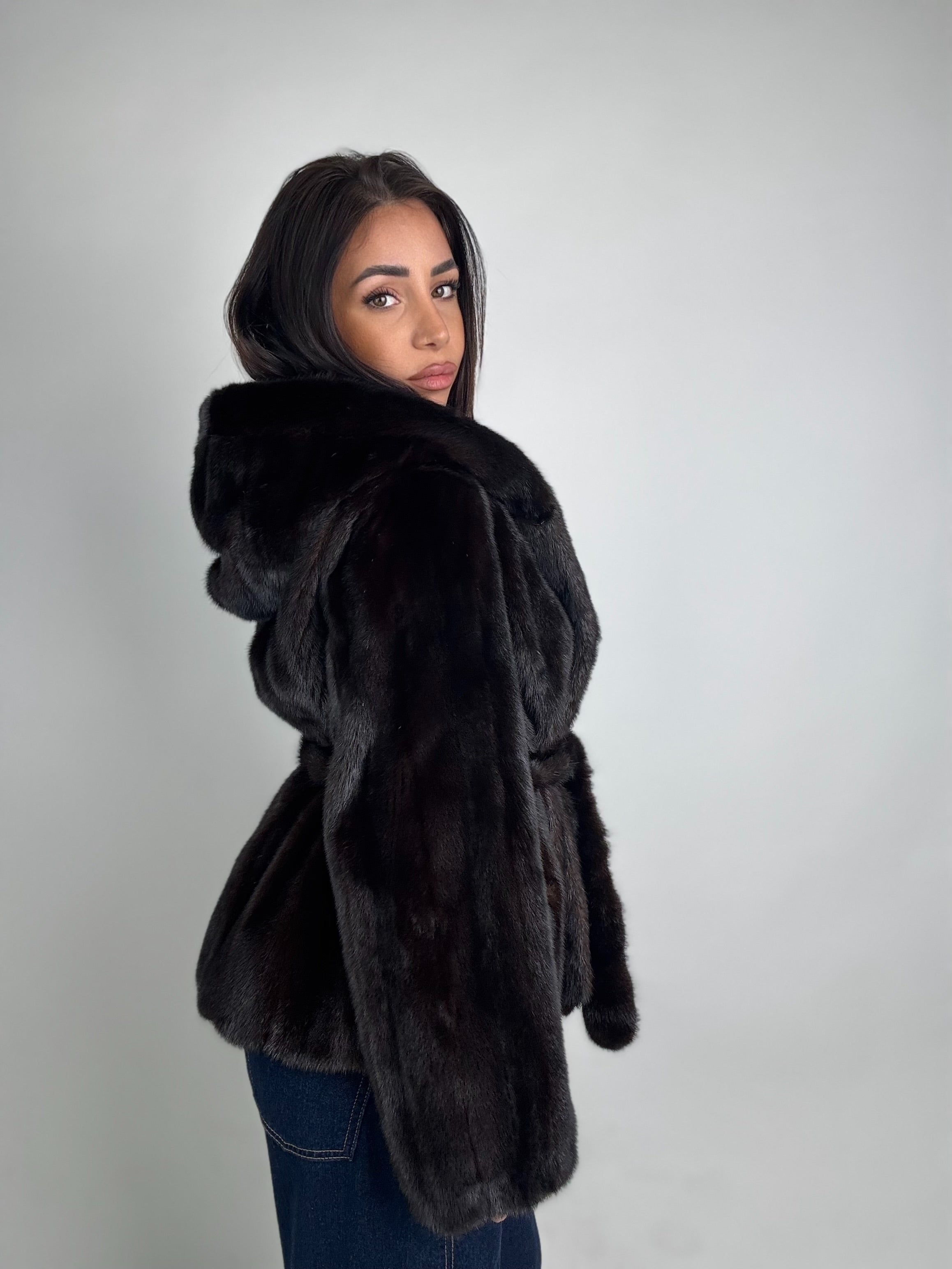 Mink jacket with belt and hood