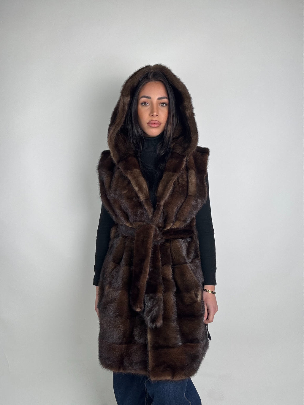 Mink jacket with belt and hood