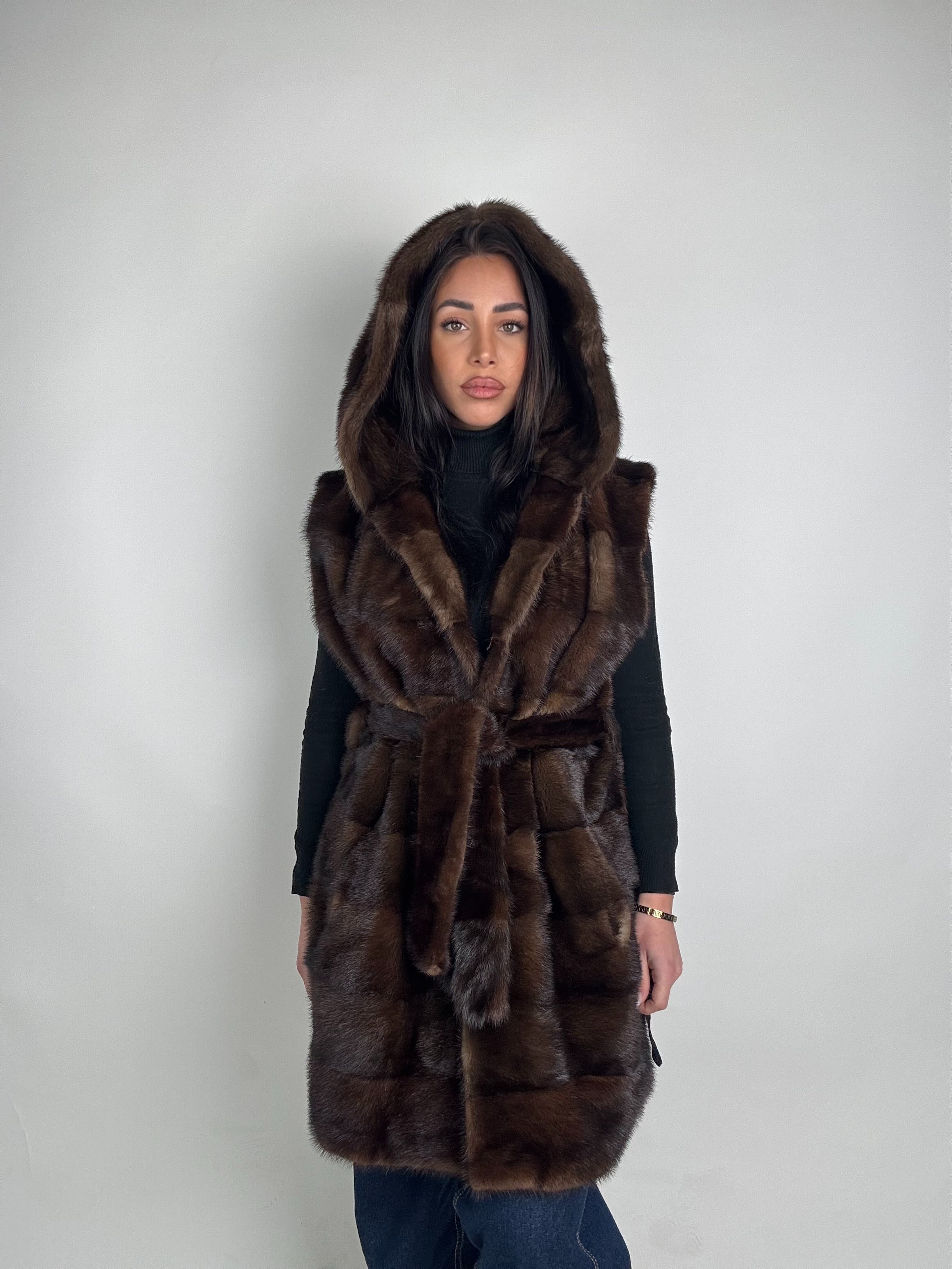 Mink jacket with belt and hood