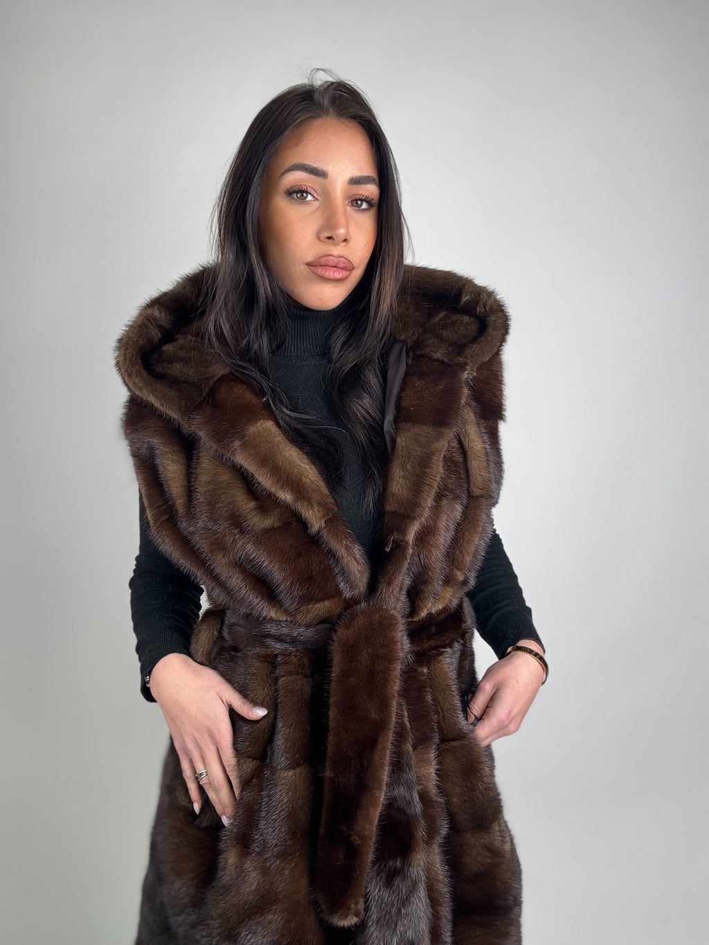 Mink jacket with belt and hood