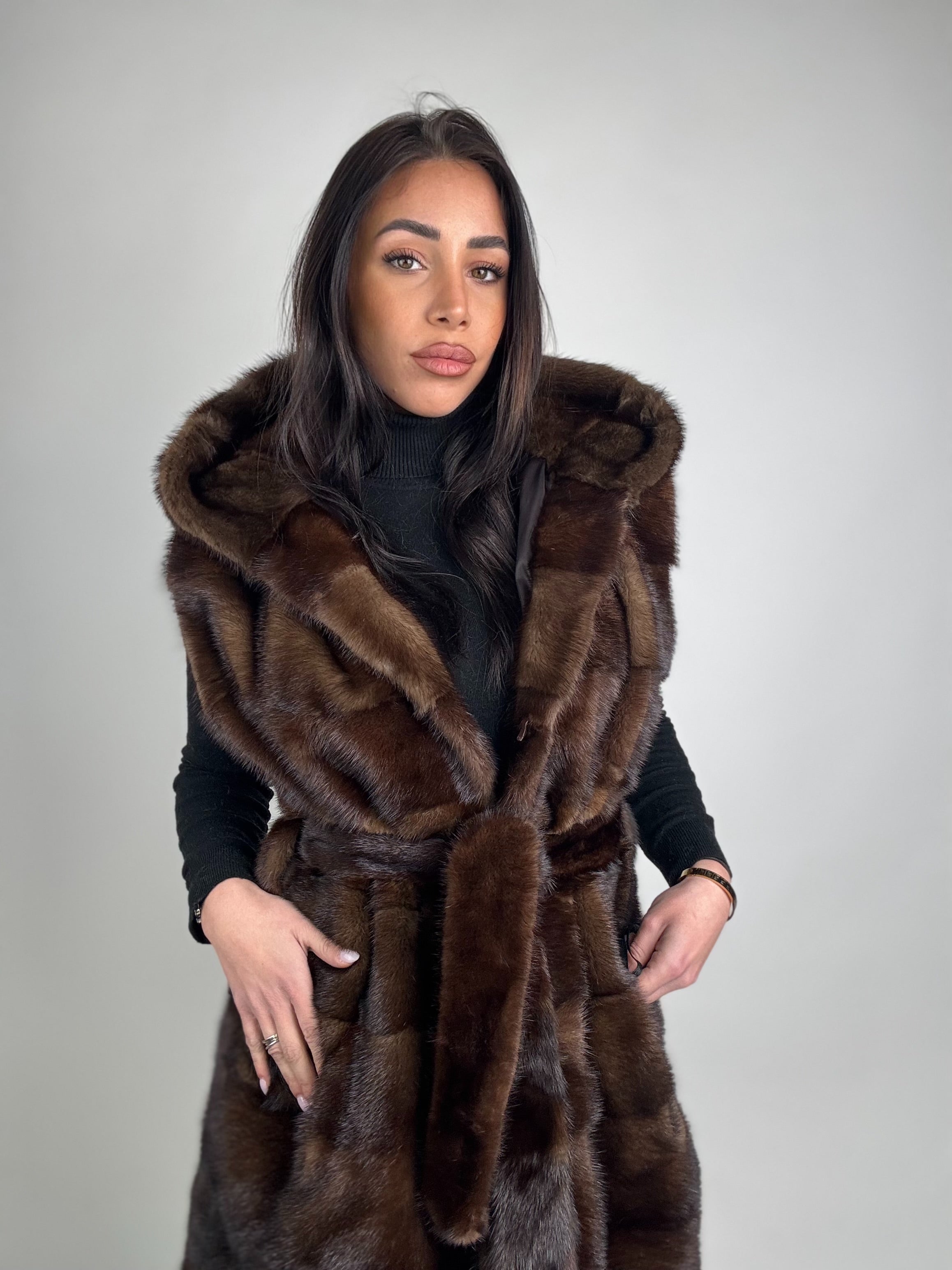 Mink jacket with belt and hood