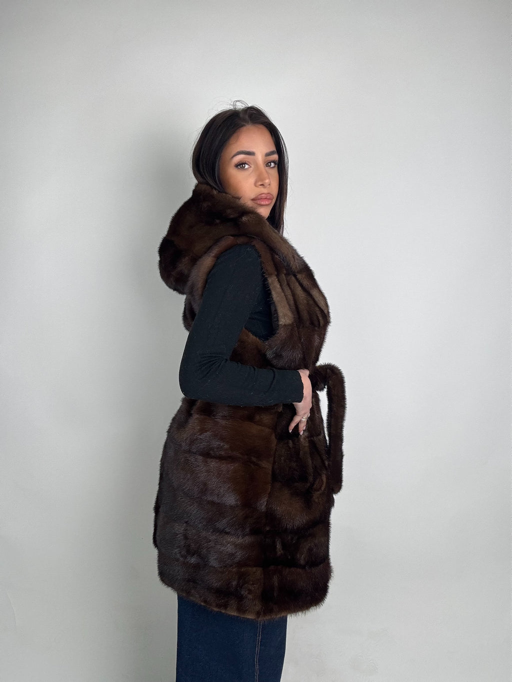 Mink jacket with belt and hood