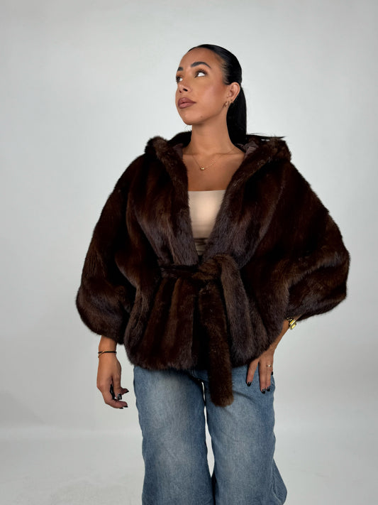 Mink jacket with belt and hood
