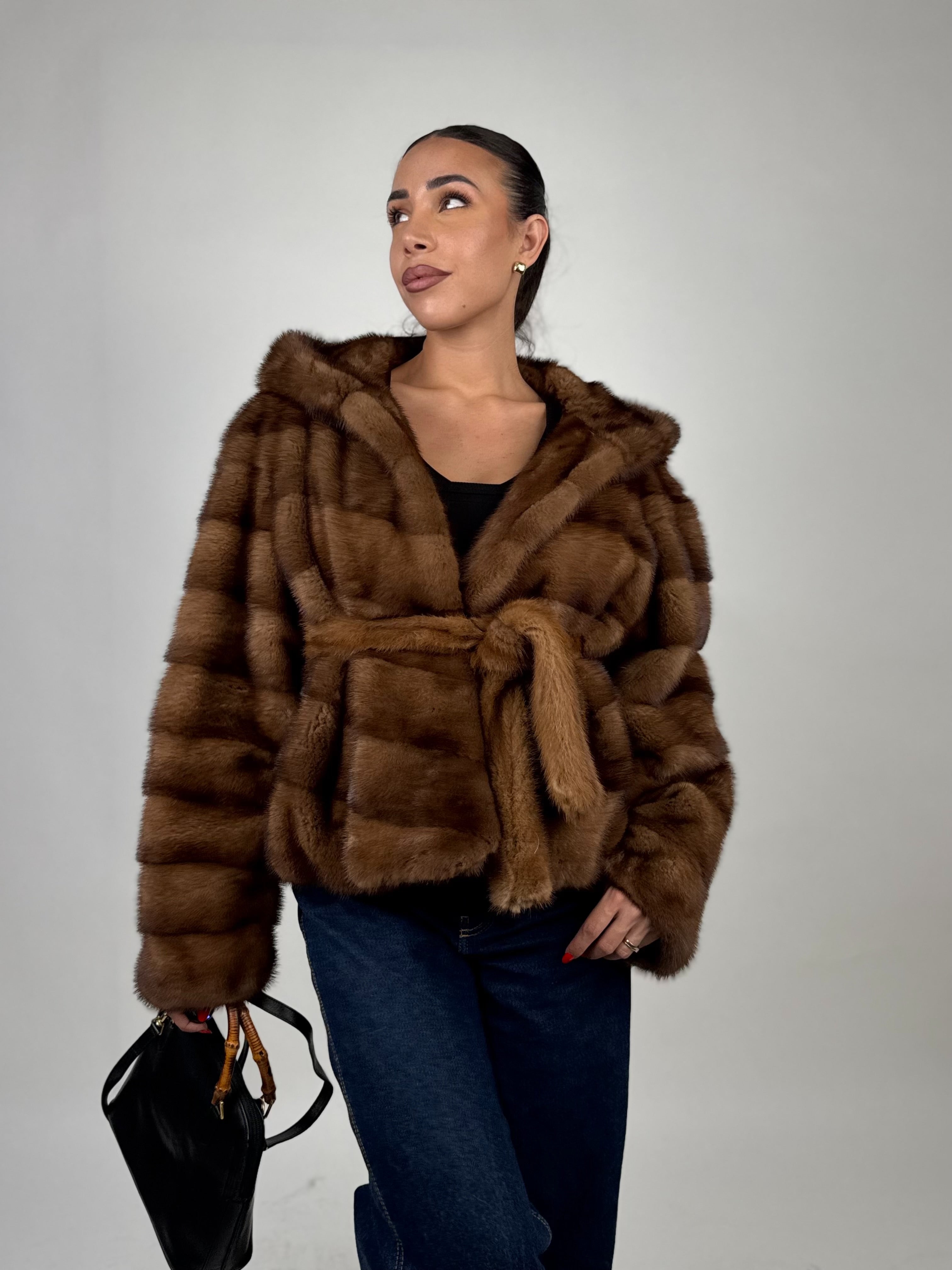 Mink jacket with belt and hood