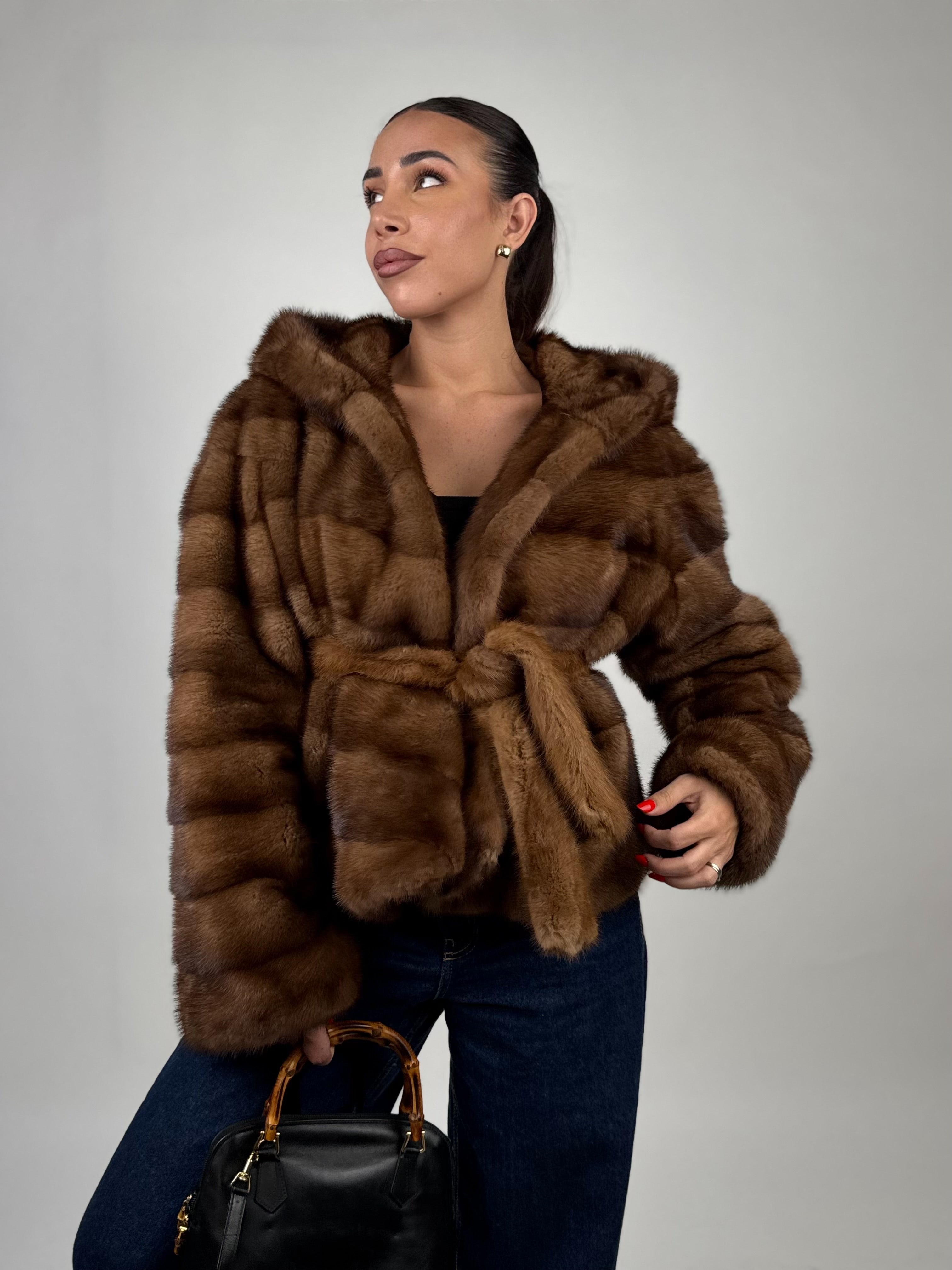 Mink jacket with belt and hood