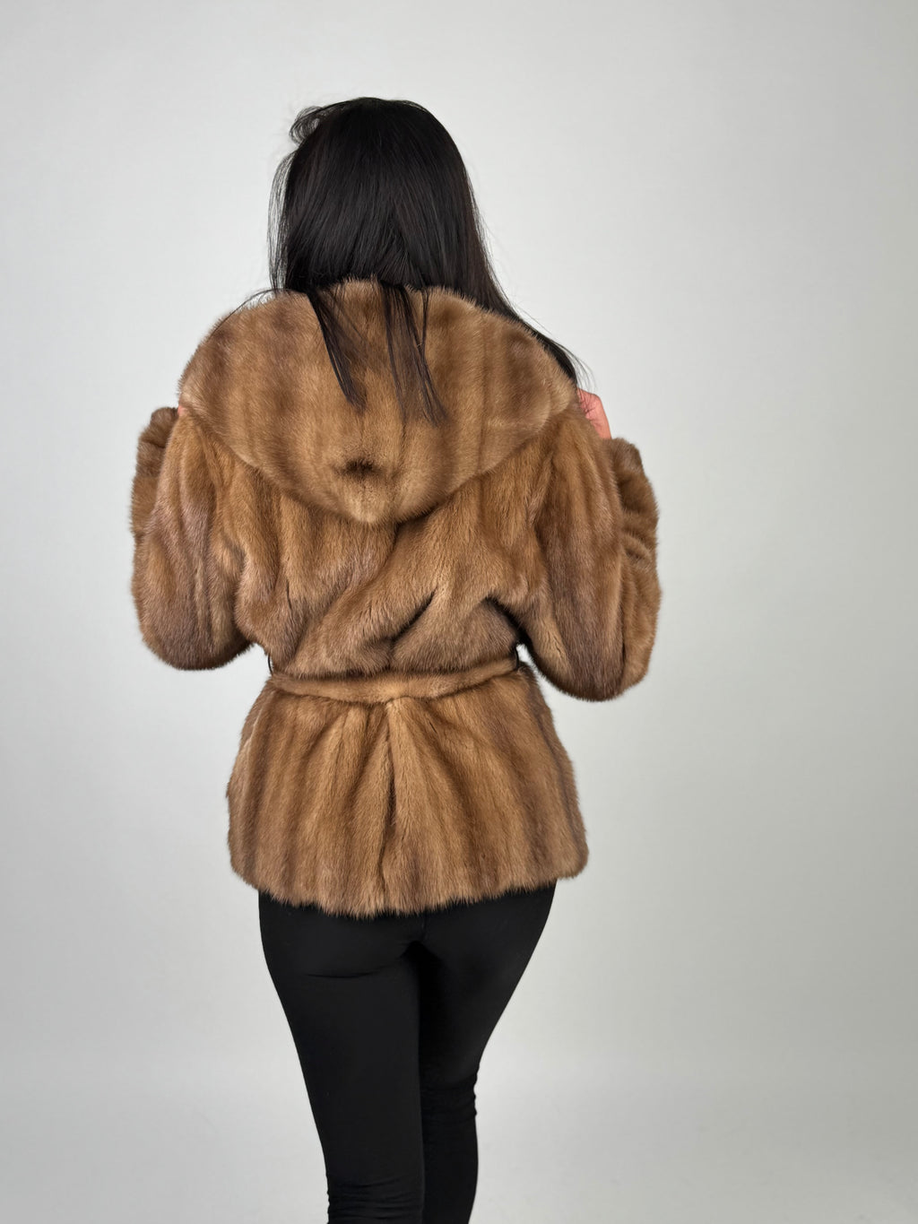 Mink jacket with belt and hood