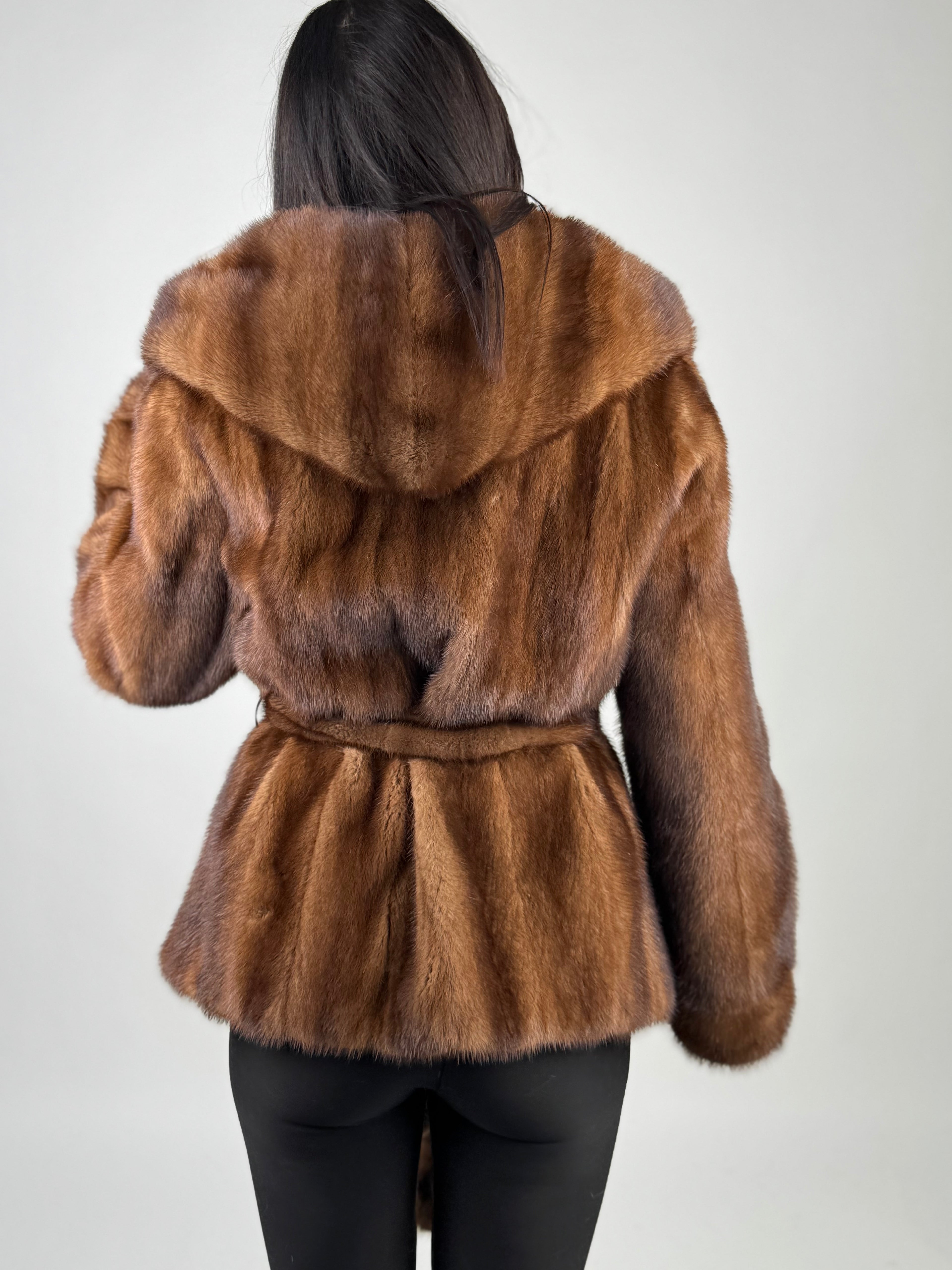 Mink jacket with belt and hood