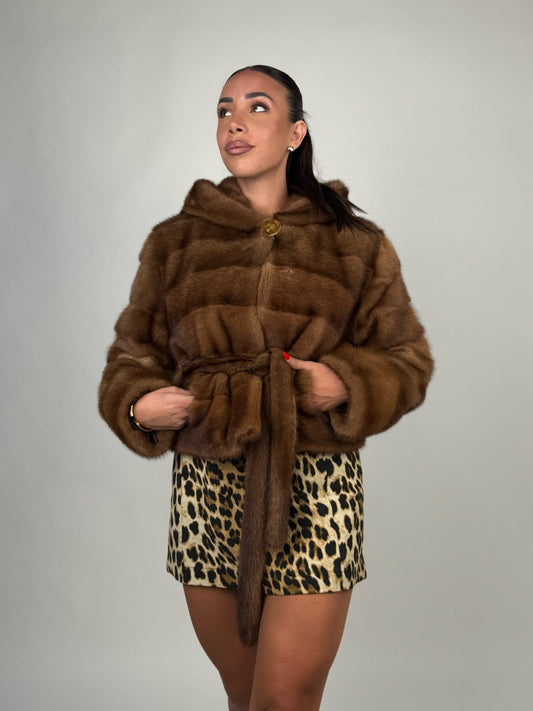Mink jacket with belt and hood
