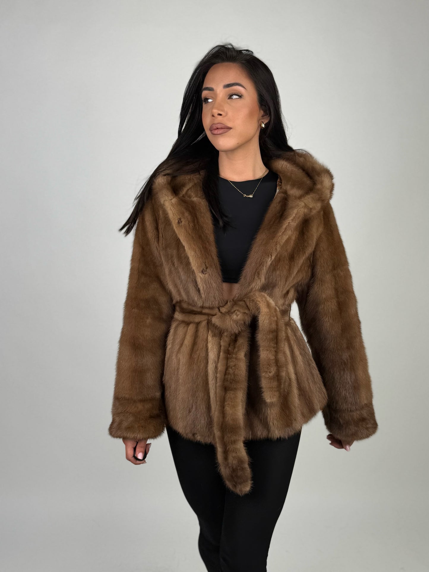Mink jacket with belt and hood