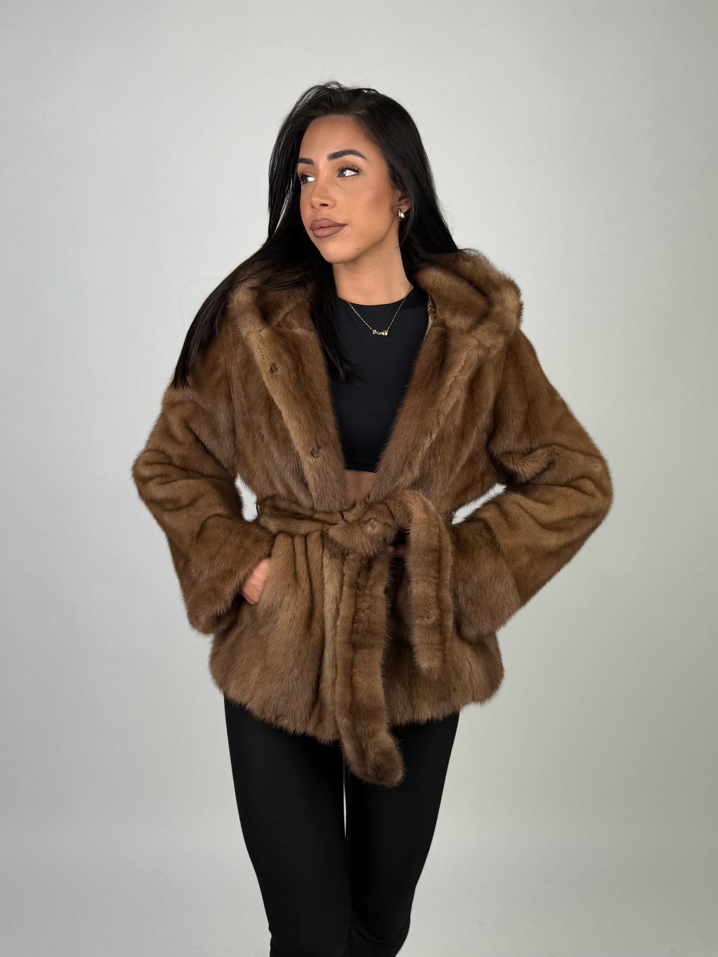 Mink jacket with belt and hood