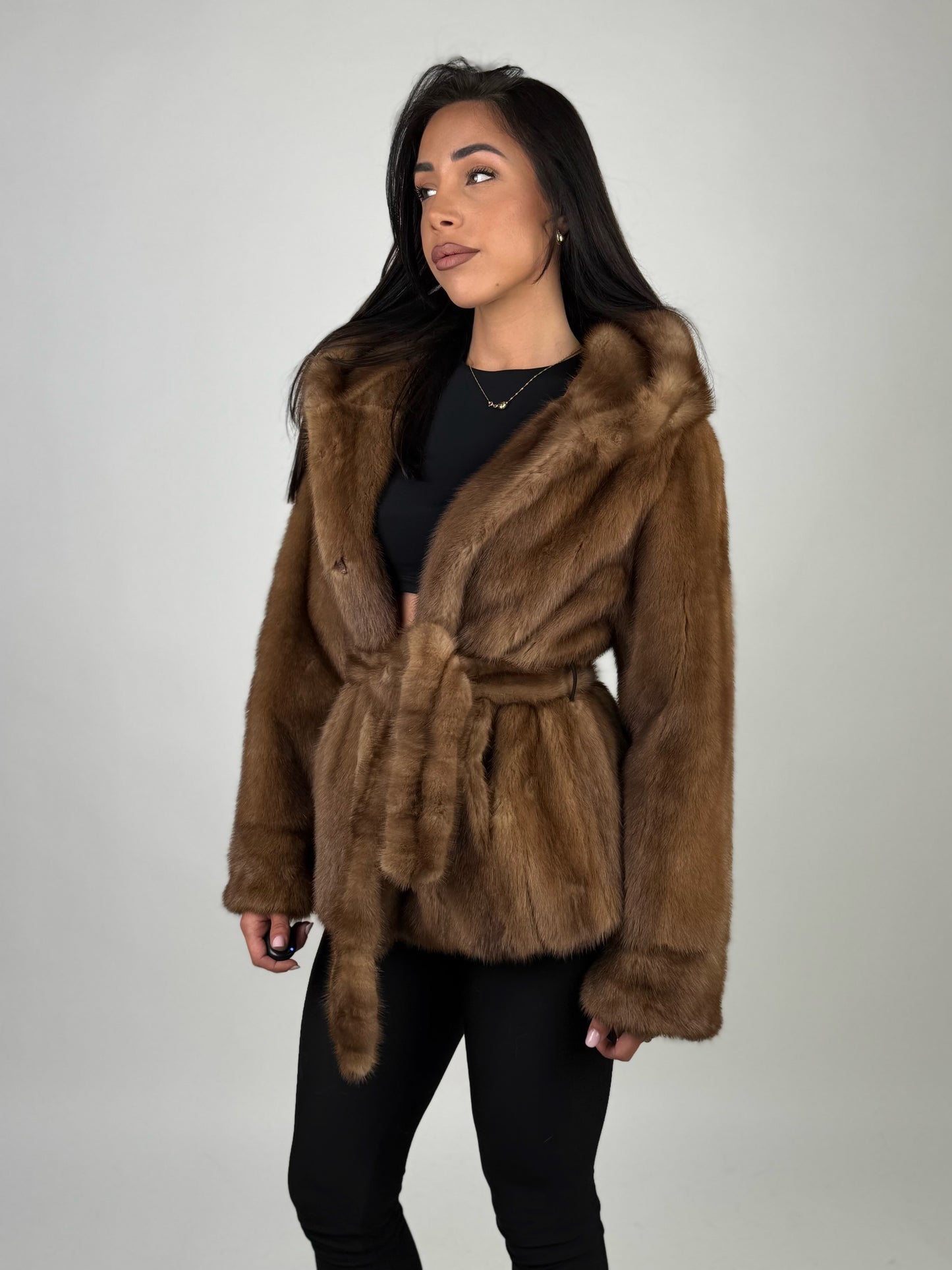Mink jacket with belt and hood