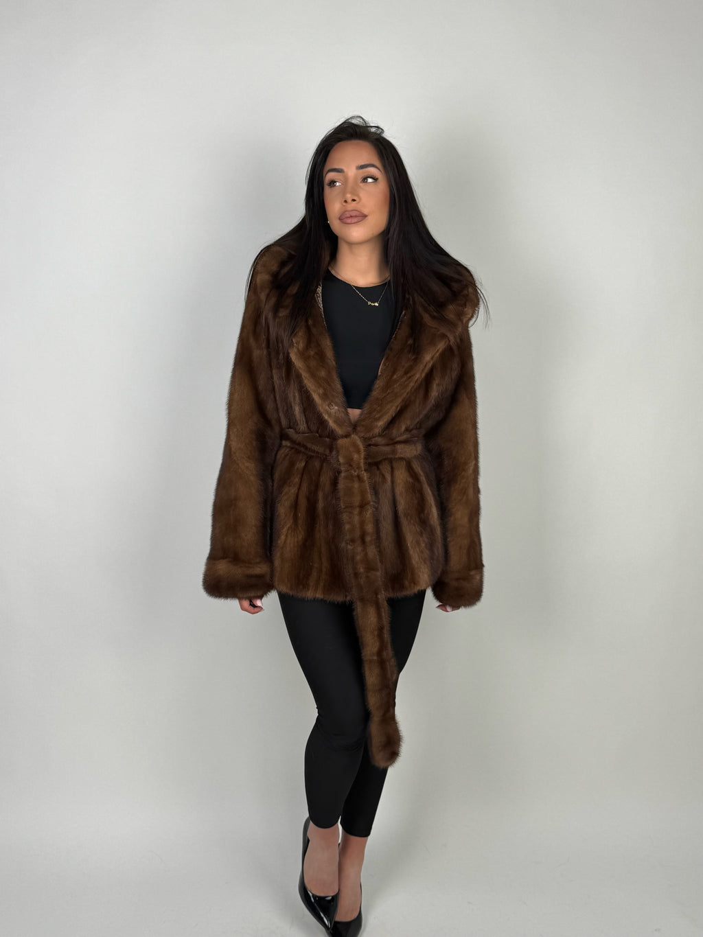 Mink jacket with belt and hood