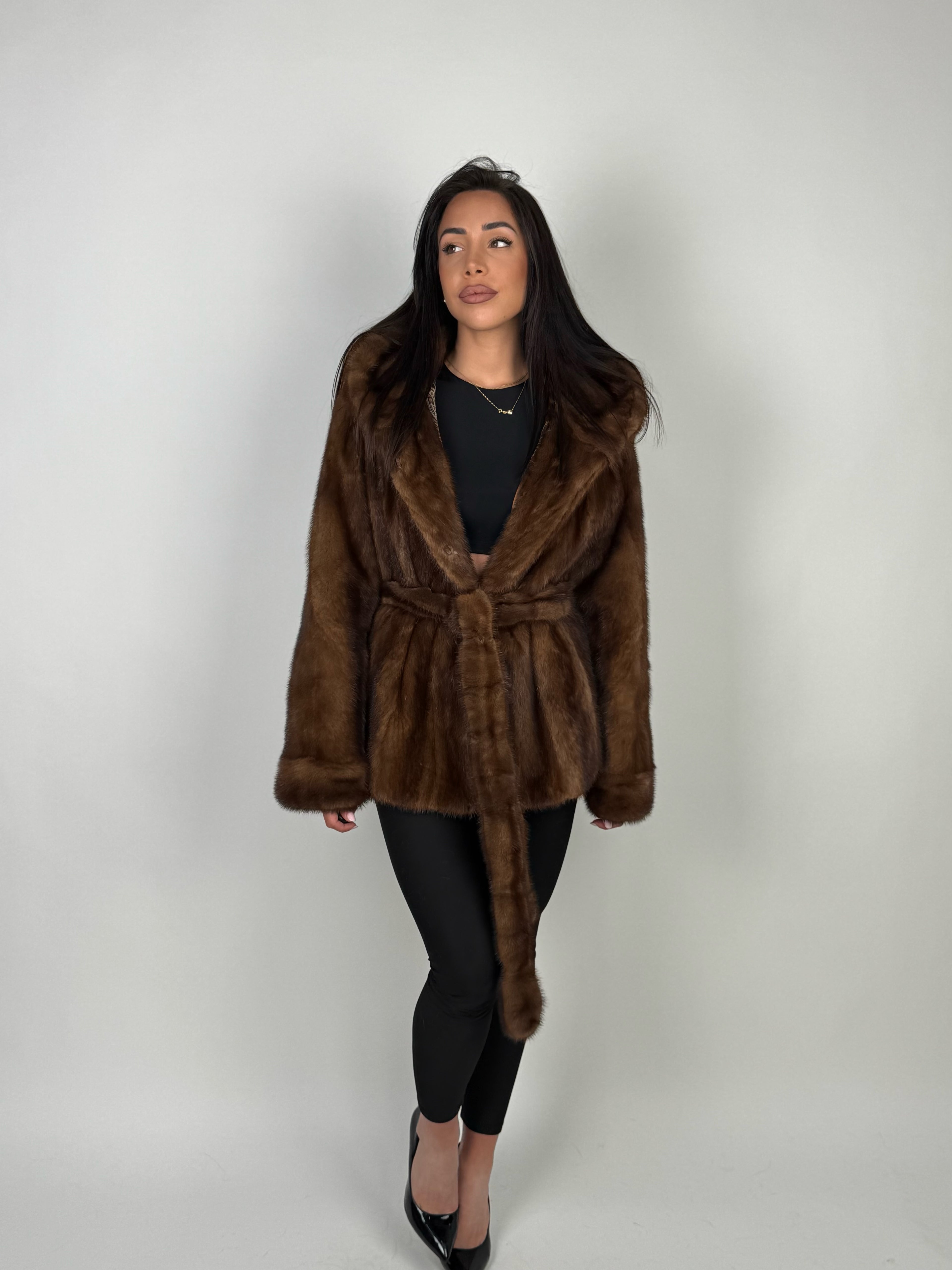 Mink jacket with belt and hood
