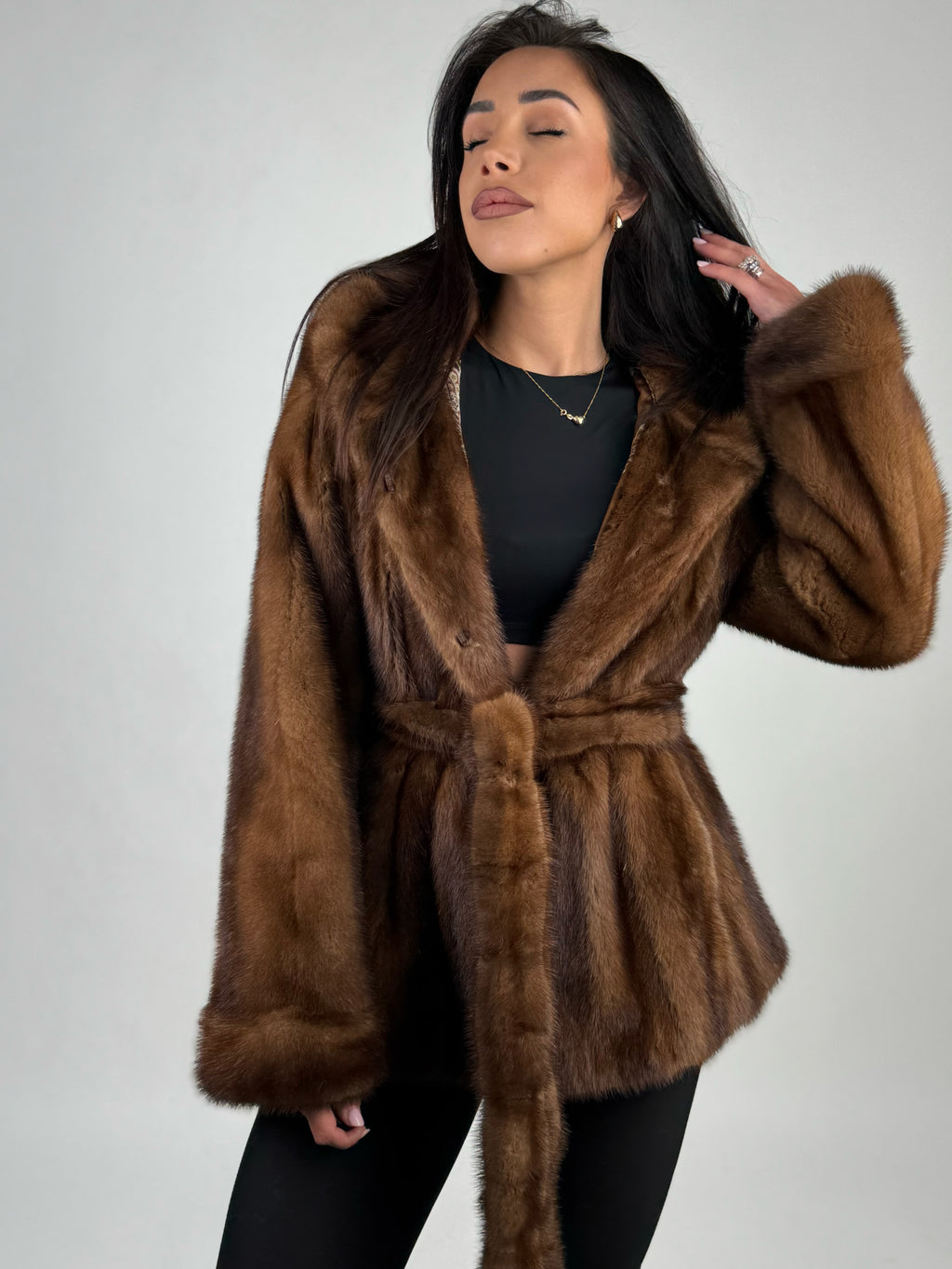 Mink jacket with belt and hood