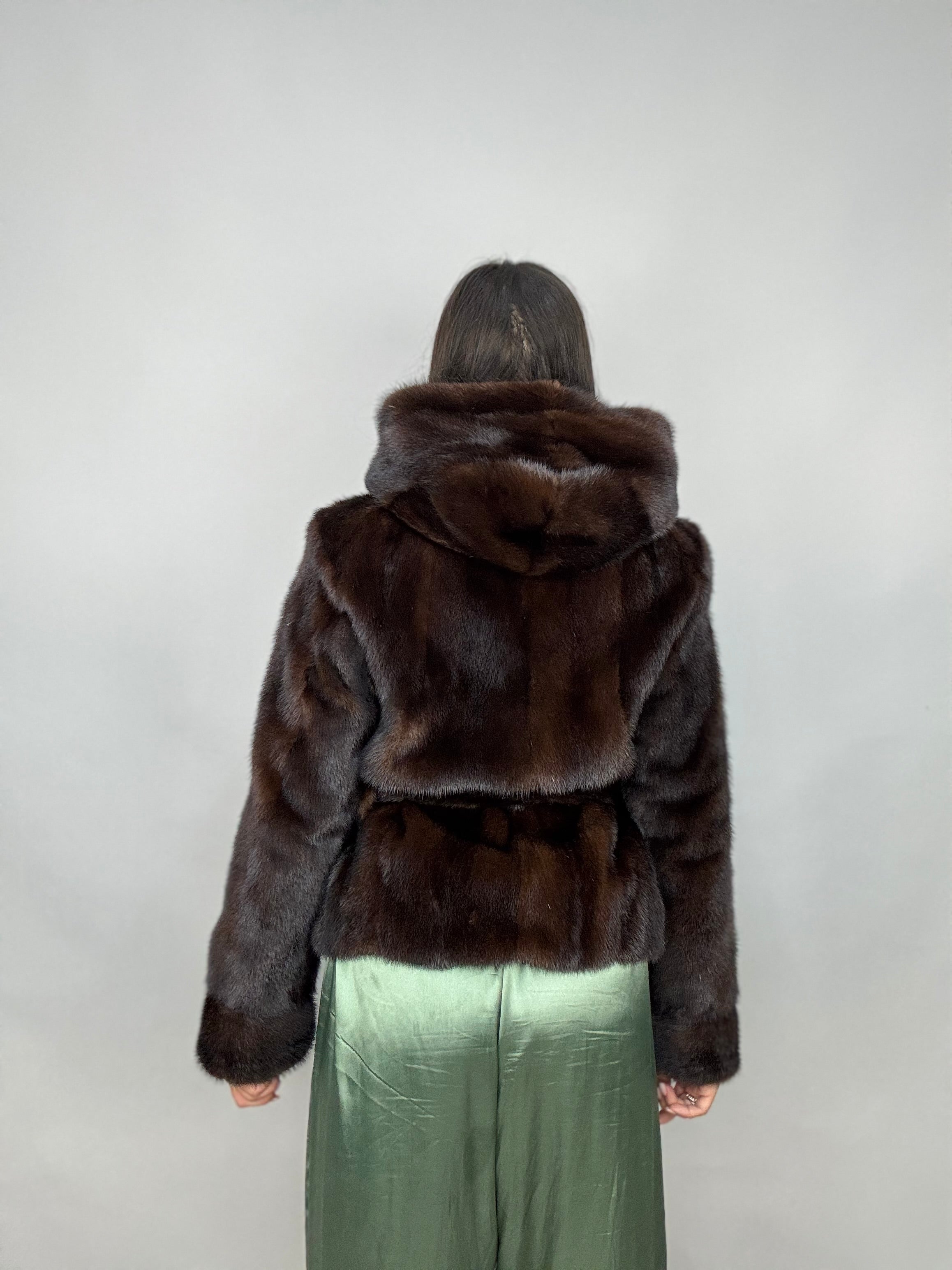 Giacca di visone cintura e cappuccio