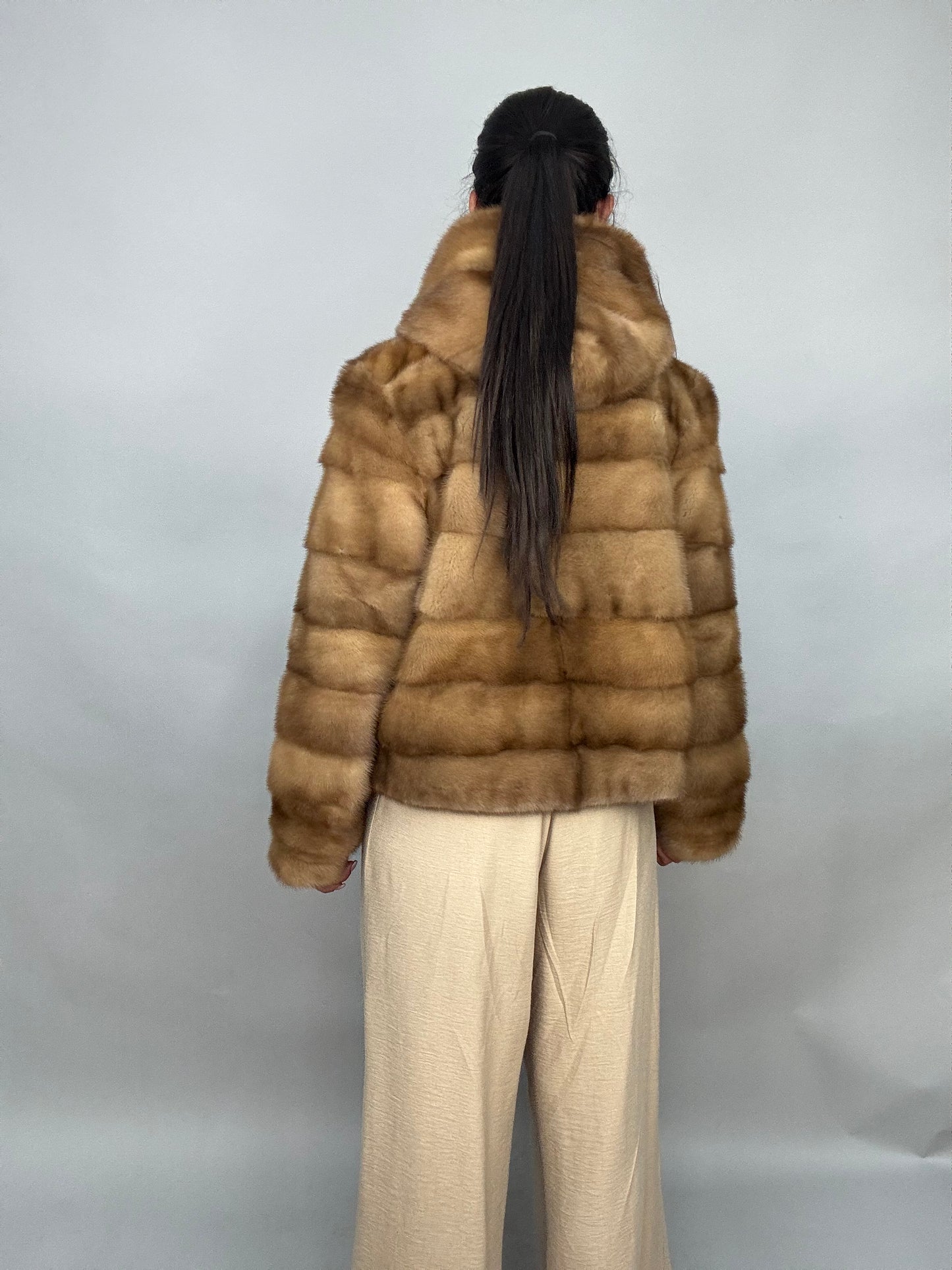 Mink jacket with belt and hood