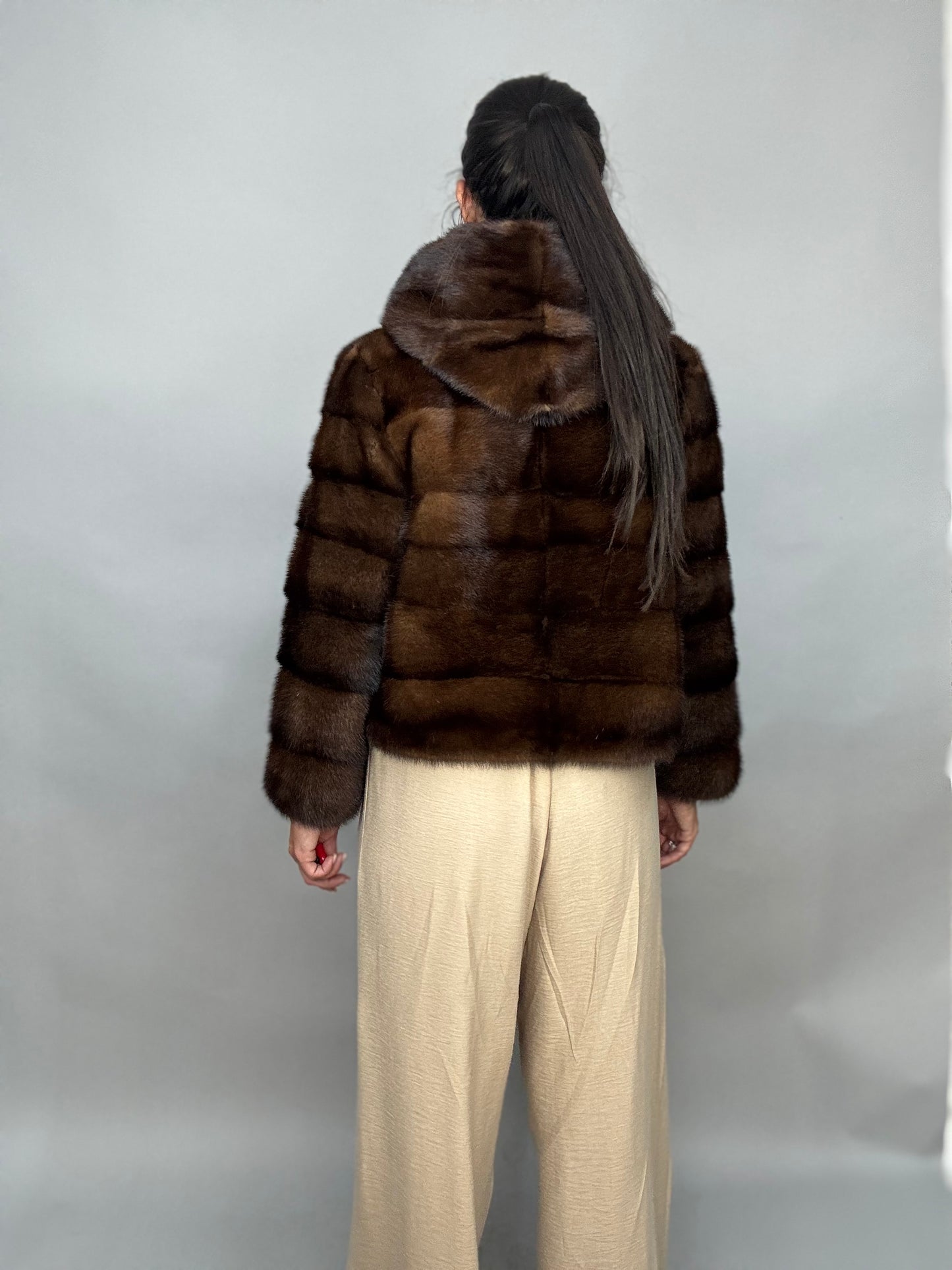 Mink jacket with belt and hood