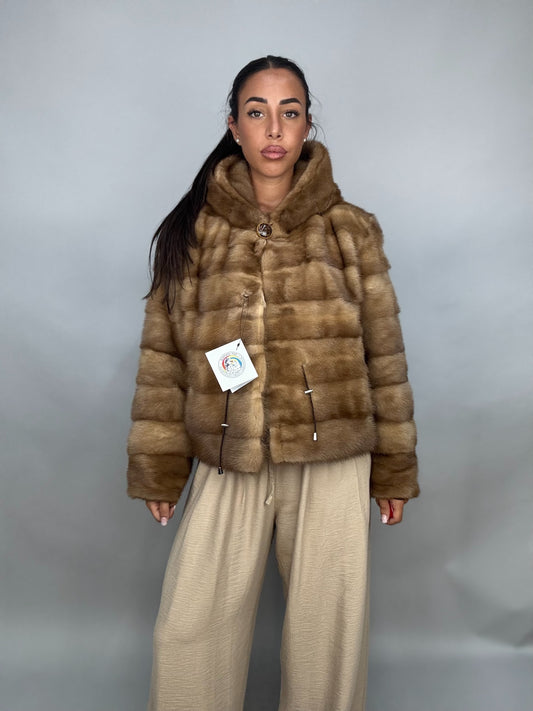 Mink jacket with belt and hood