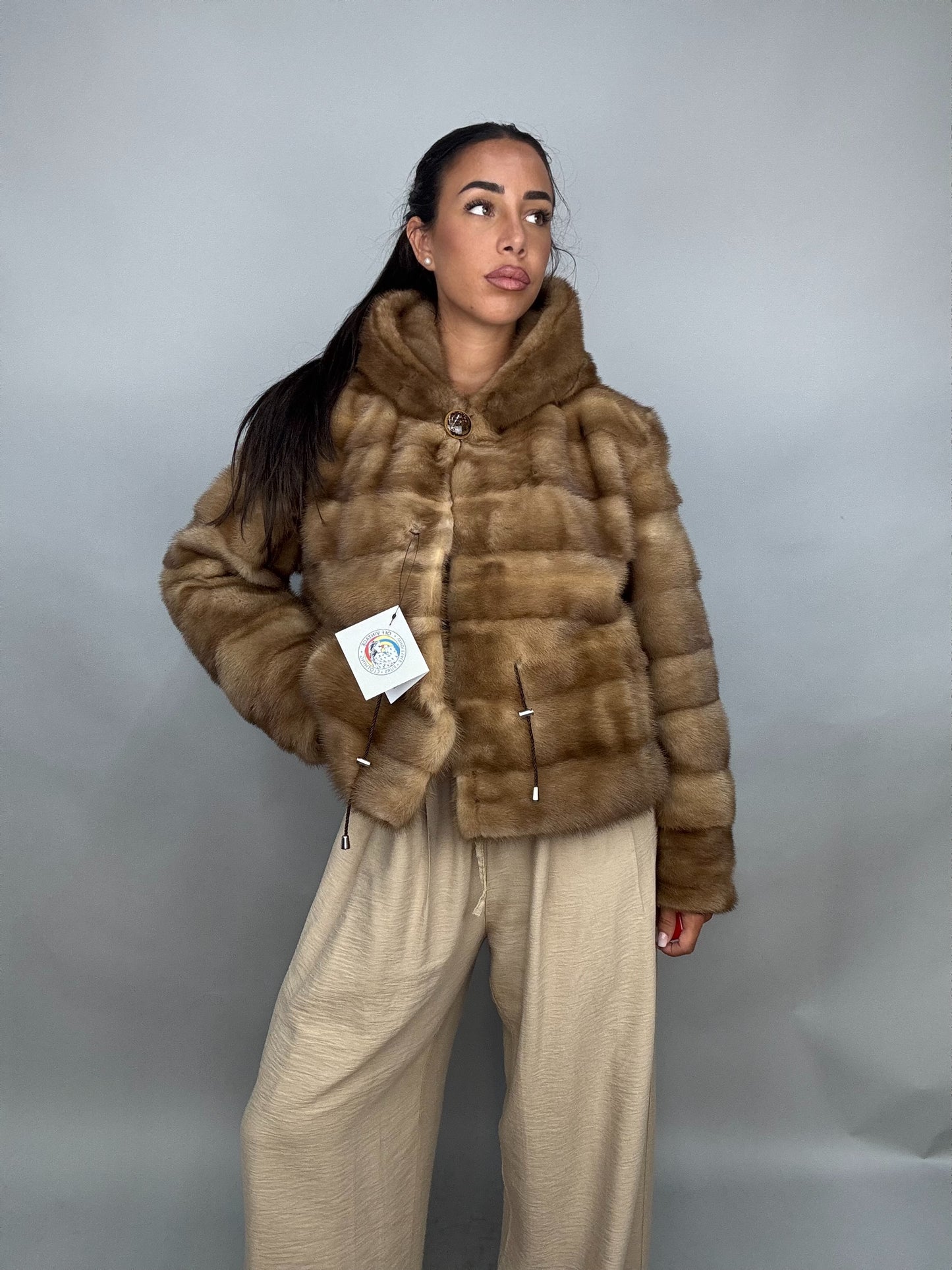 Mink jacket with belt and hood