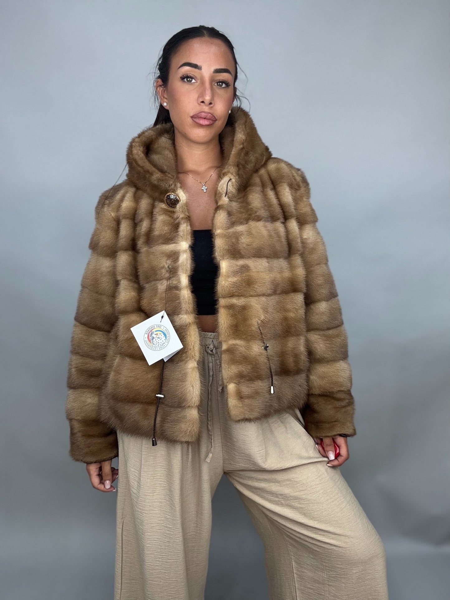 Mink jacket with belt and hood