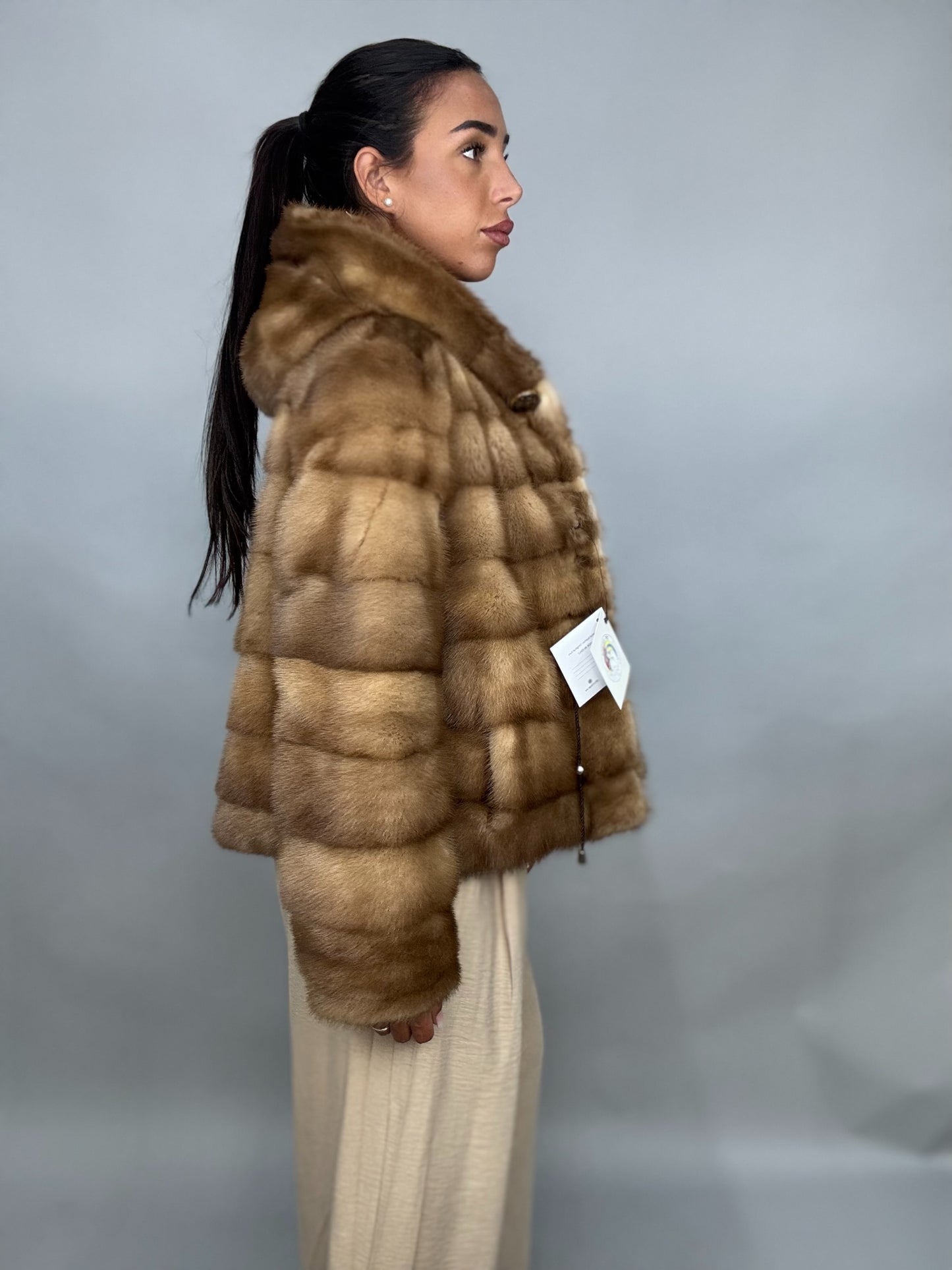 Mink jacket with belt and hood