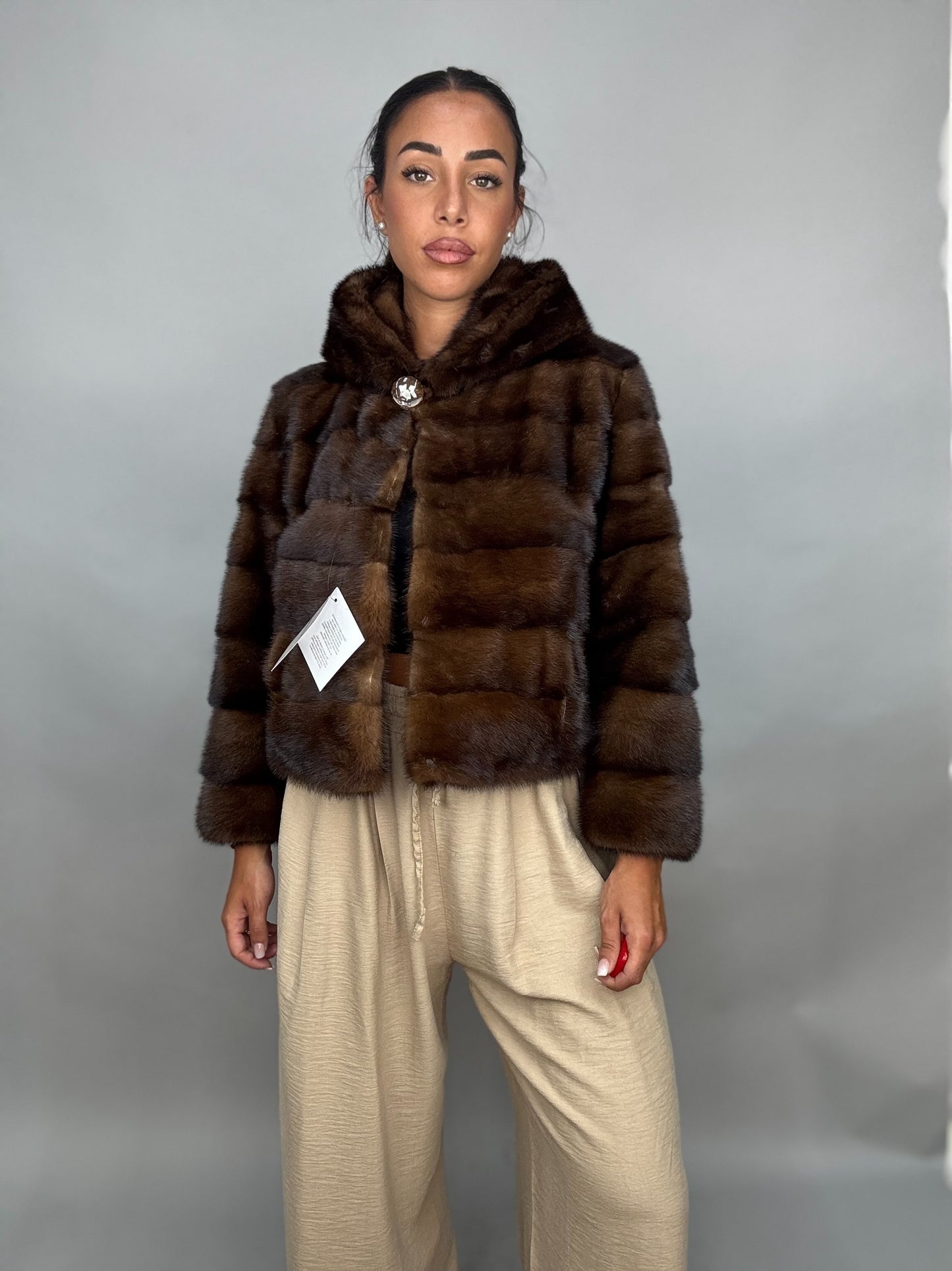 Mink jacket with belt and hood