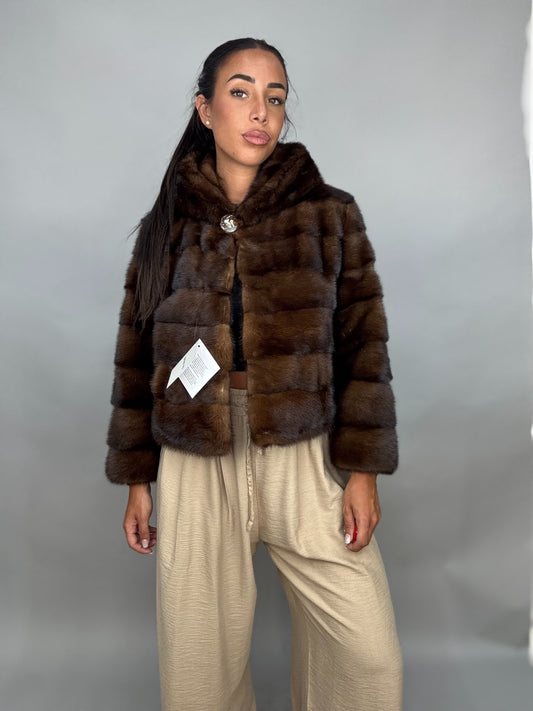 Mink jacket with belt and hood