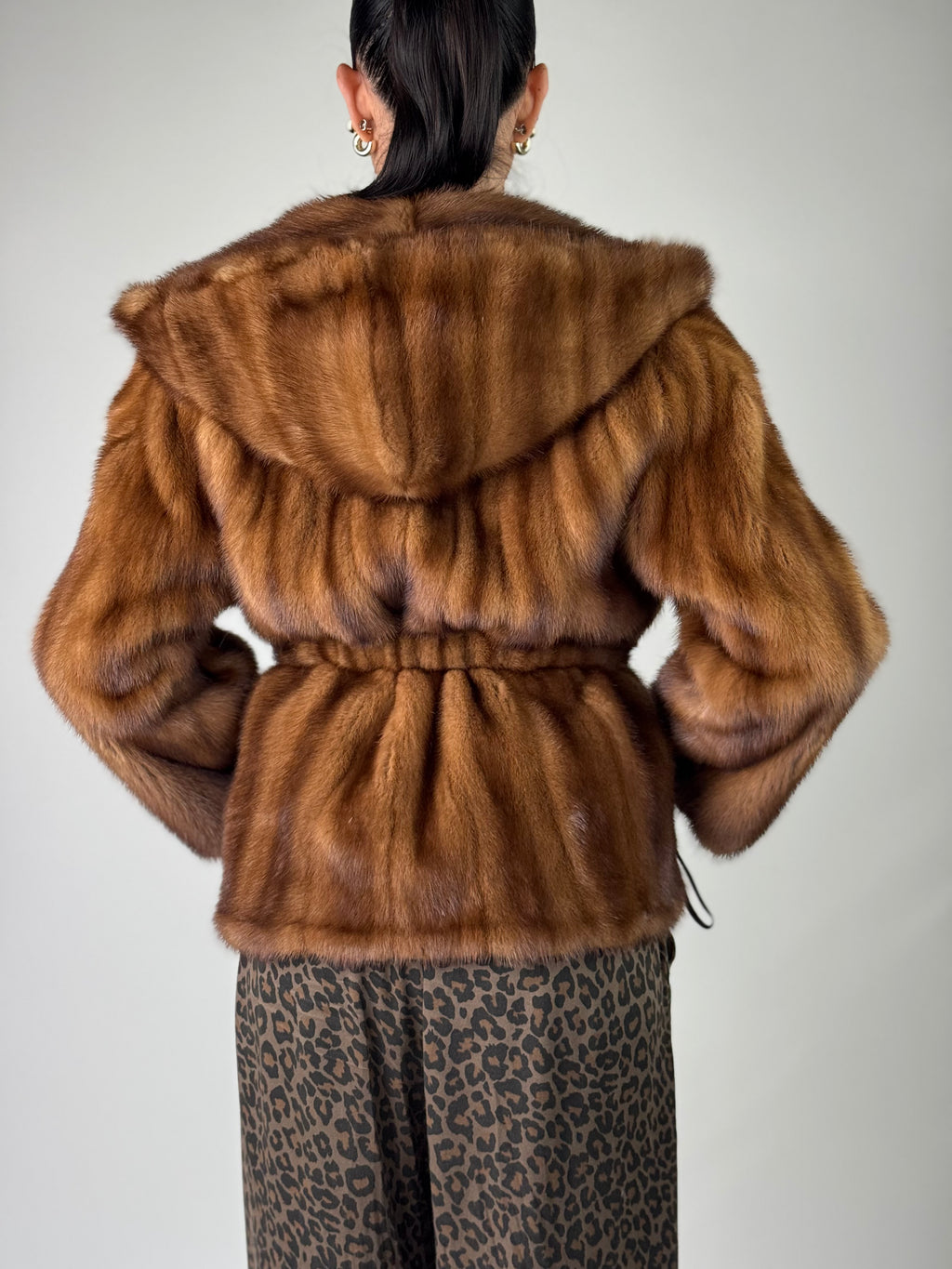 Mink jacket with belt and hood