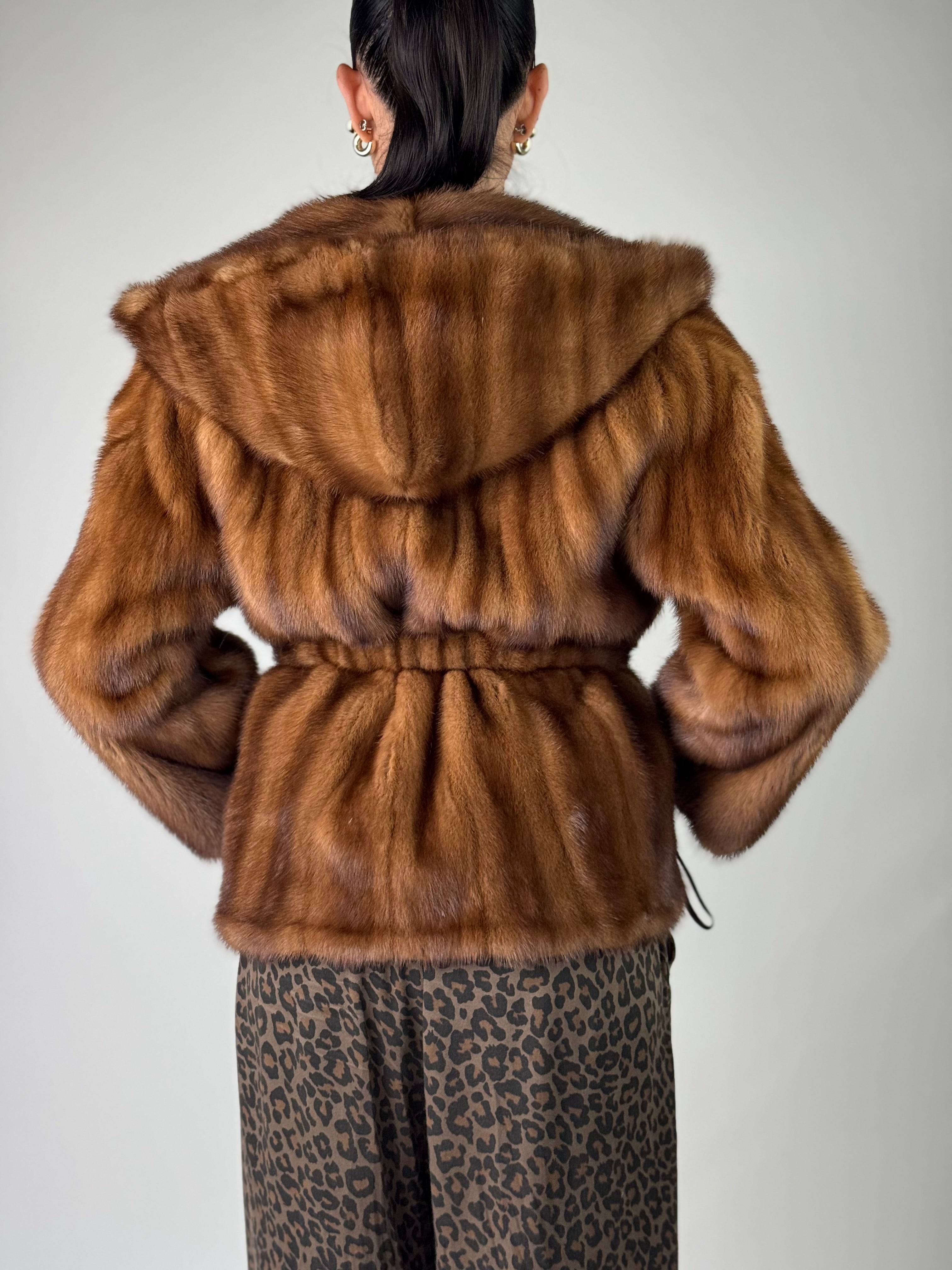Mink jacket with belt and hood