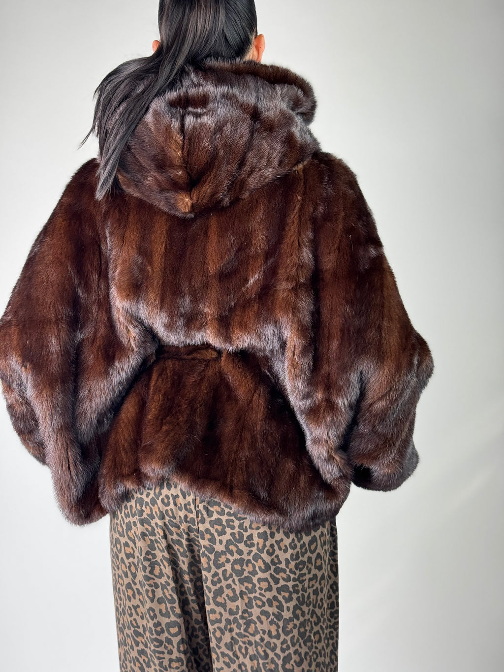 Mink jacket with belt and hood