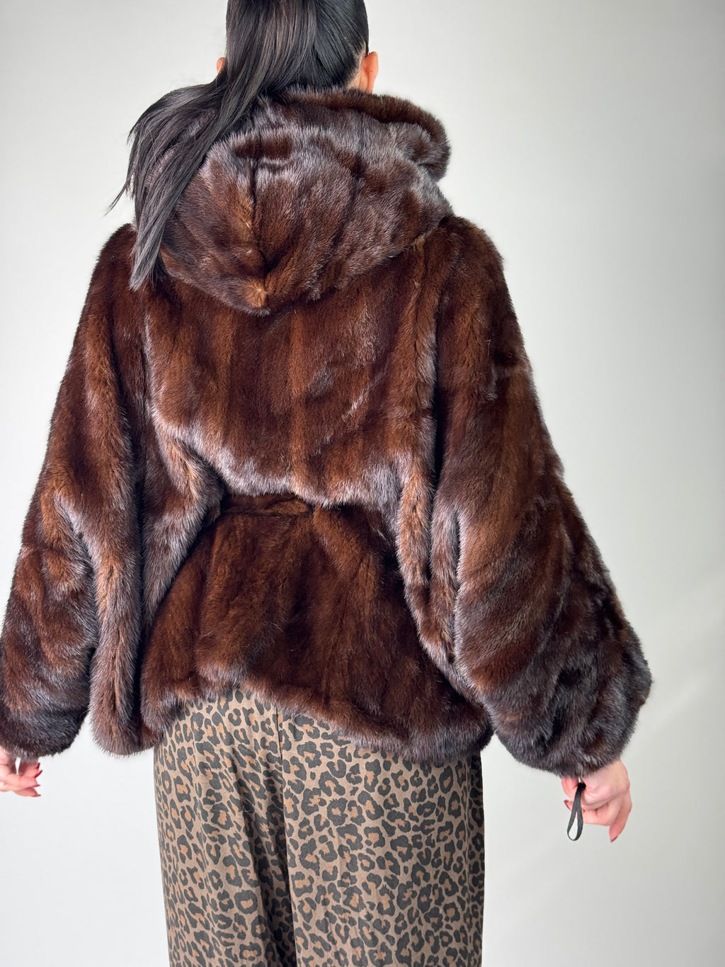 Mink jacket with belt and hood