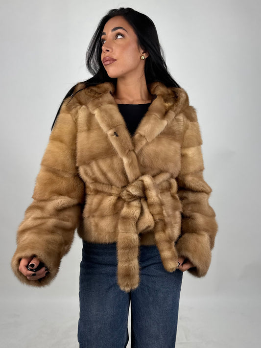 Mink jacket with belt and hood