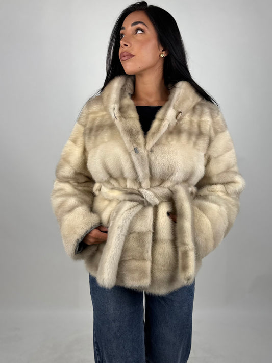 Mink jacket with belt and hood