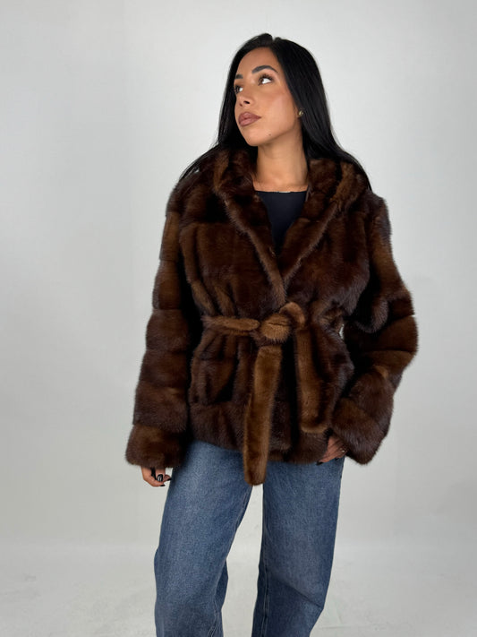 Mink jacket with belt and hood
