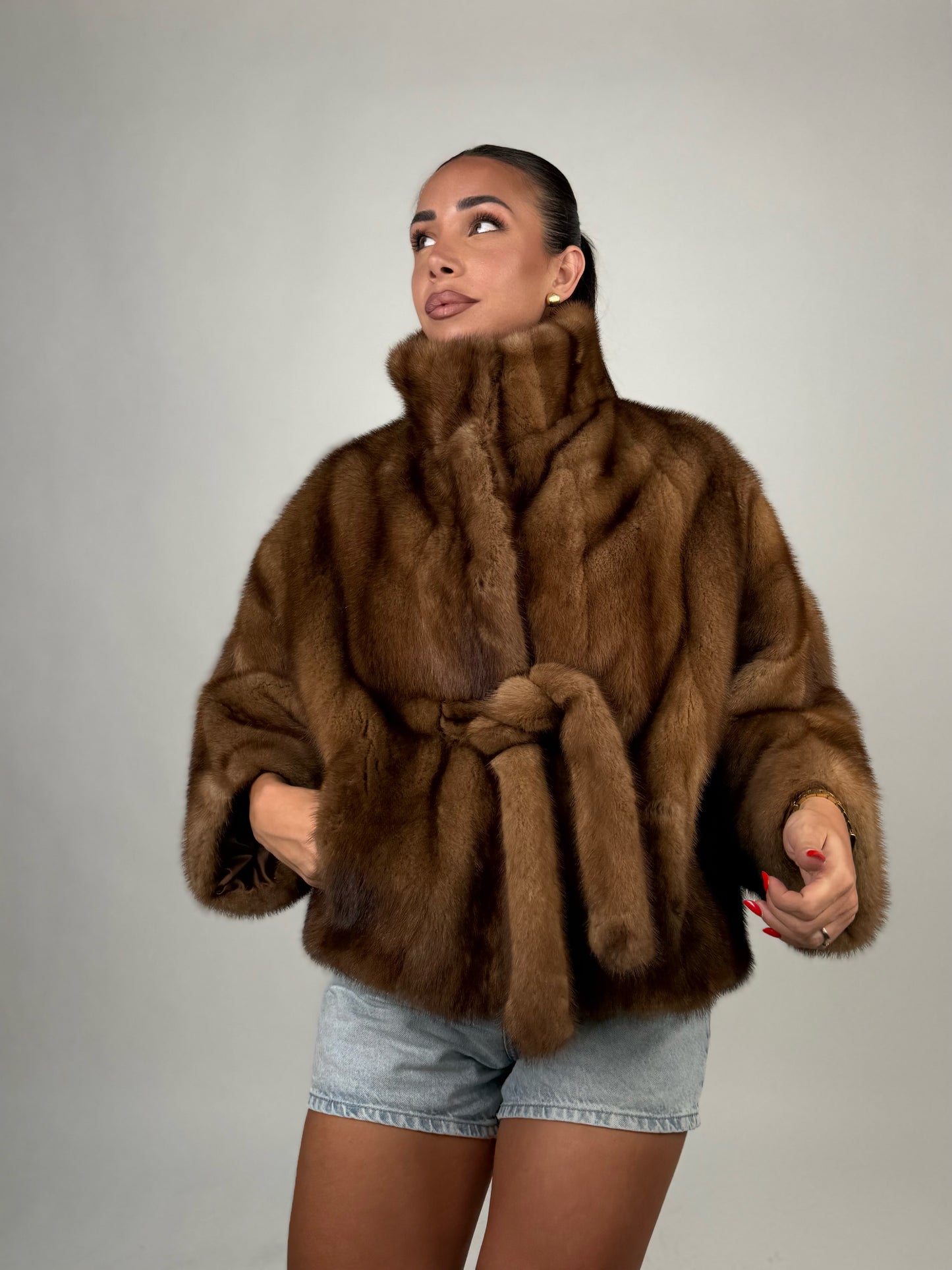 Mink jacket with belt and hood
