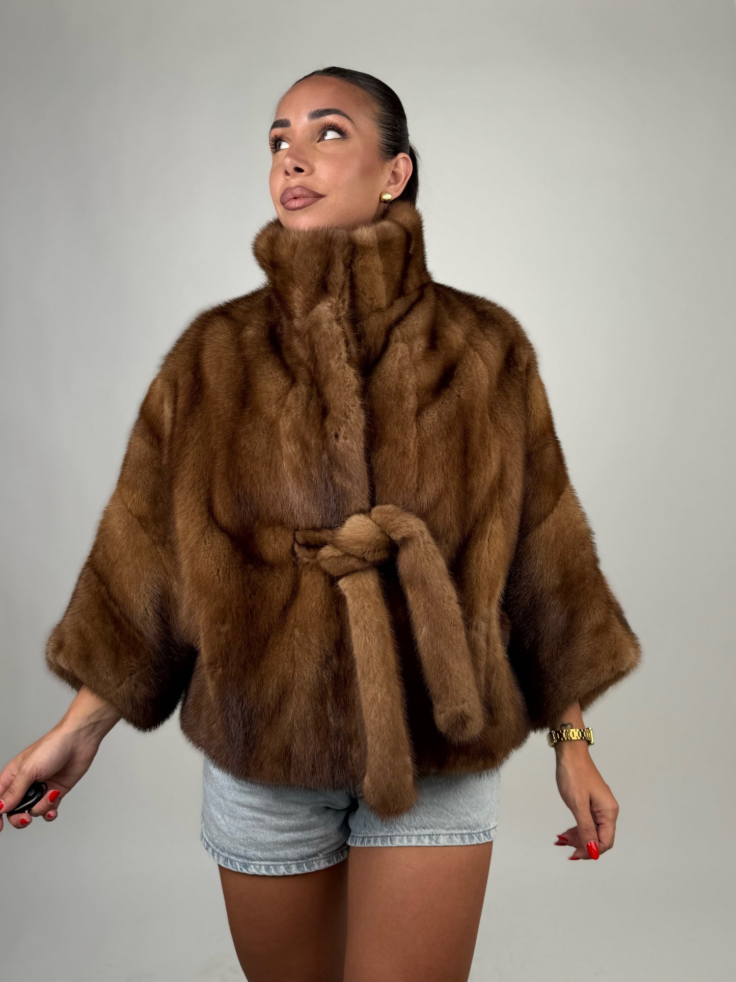 Mink jacket with belt and hood