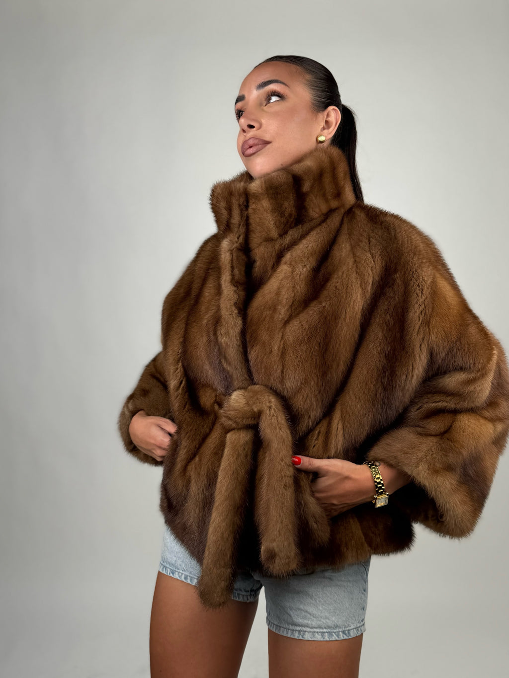 Mink jacket with belt and hood