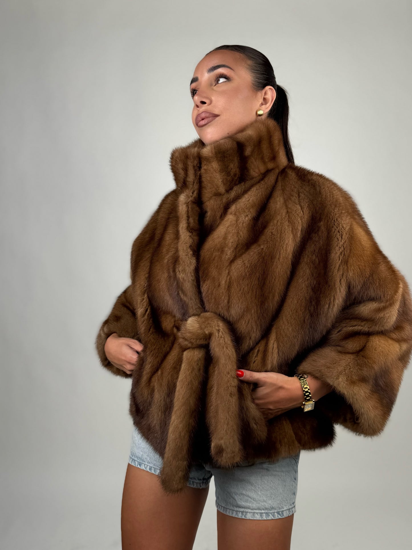 Mink jacket with belt and hood