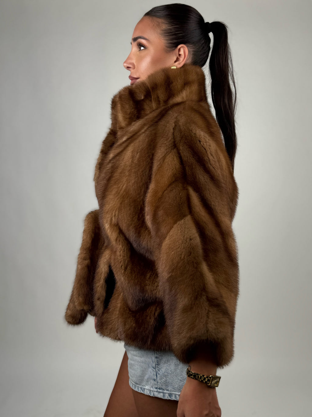 Mink jacket with belt and hood
