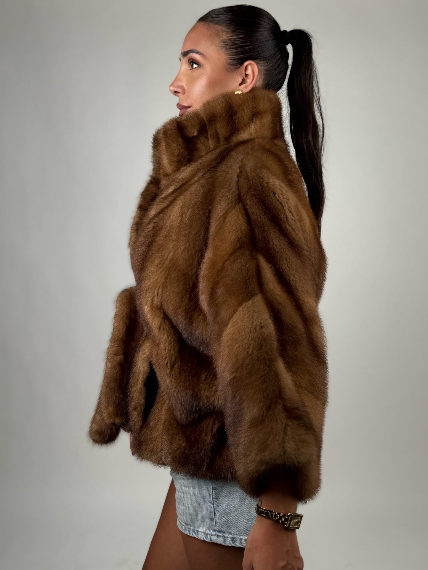 Mink jacket with belt and hood
