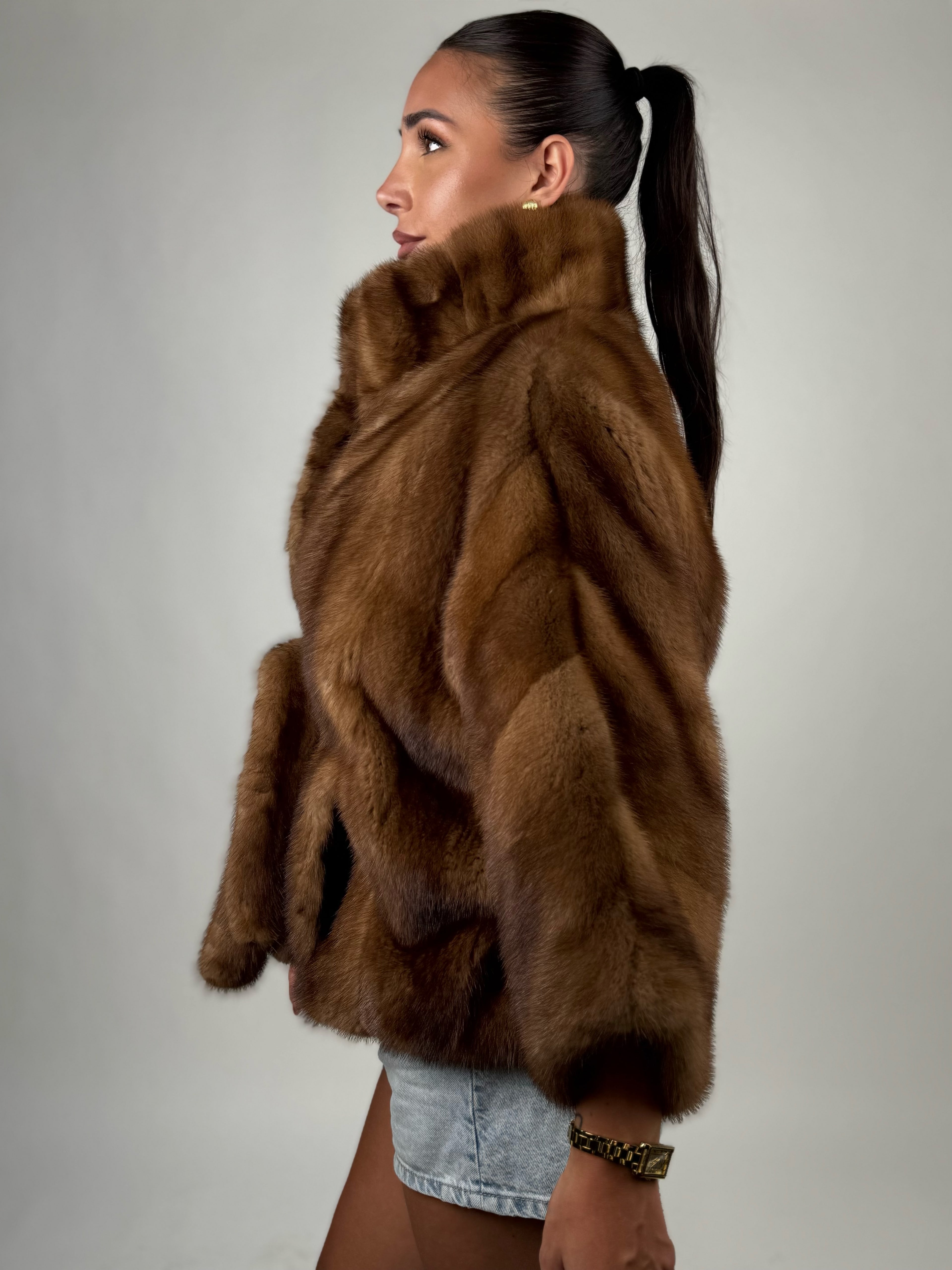 Mink jacket with belt and hood