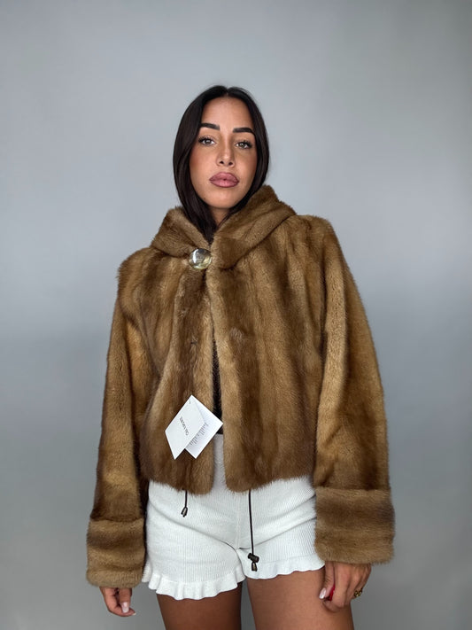 Mink jacket with belt and hood