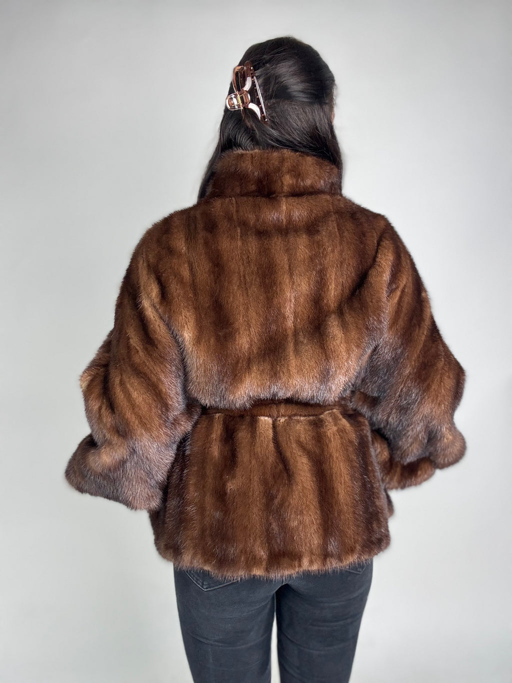 Mink jacket with belt and hood