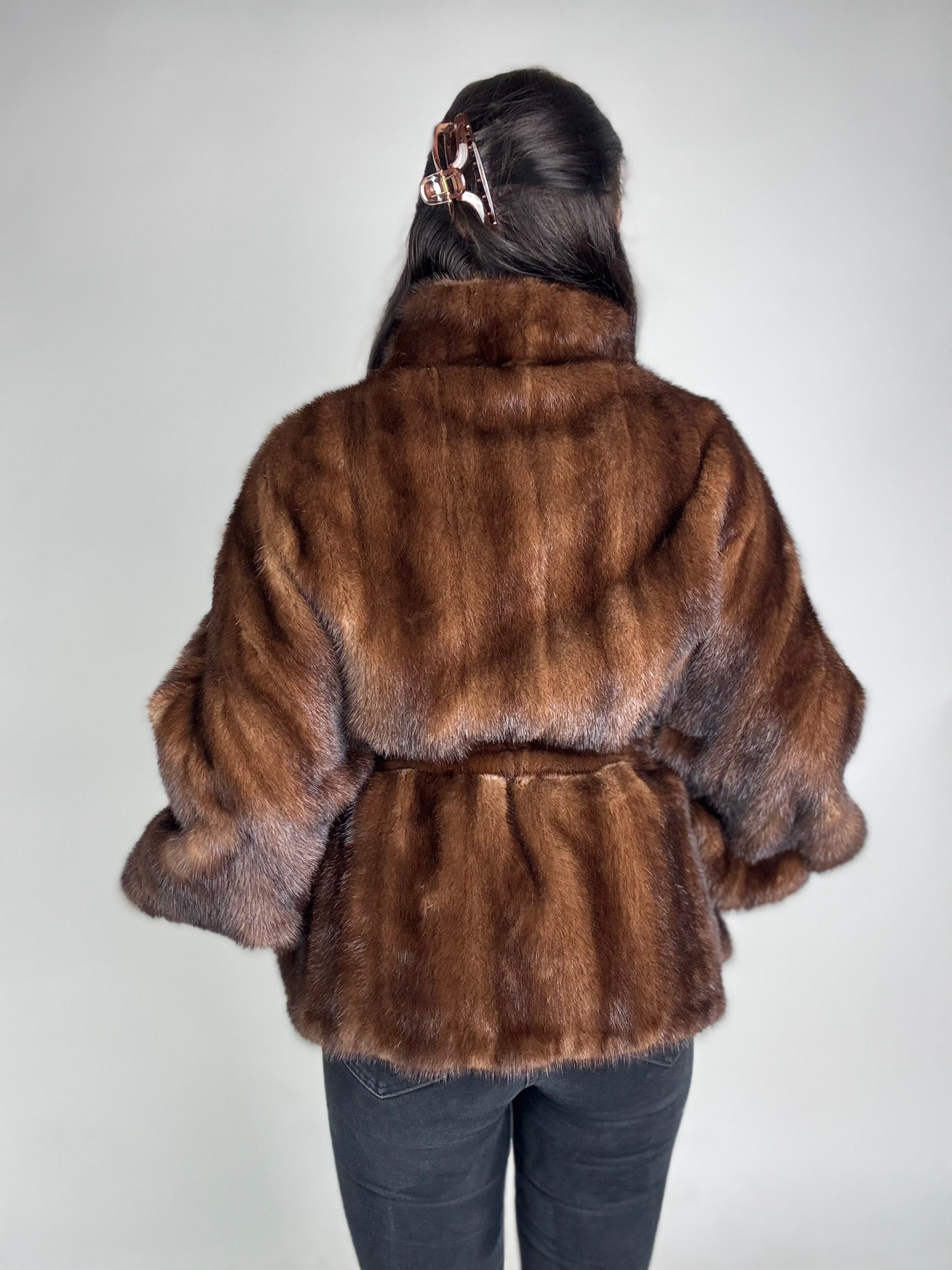 Mink jacket with belt and hood