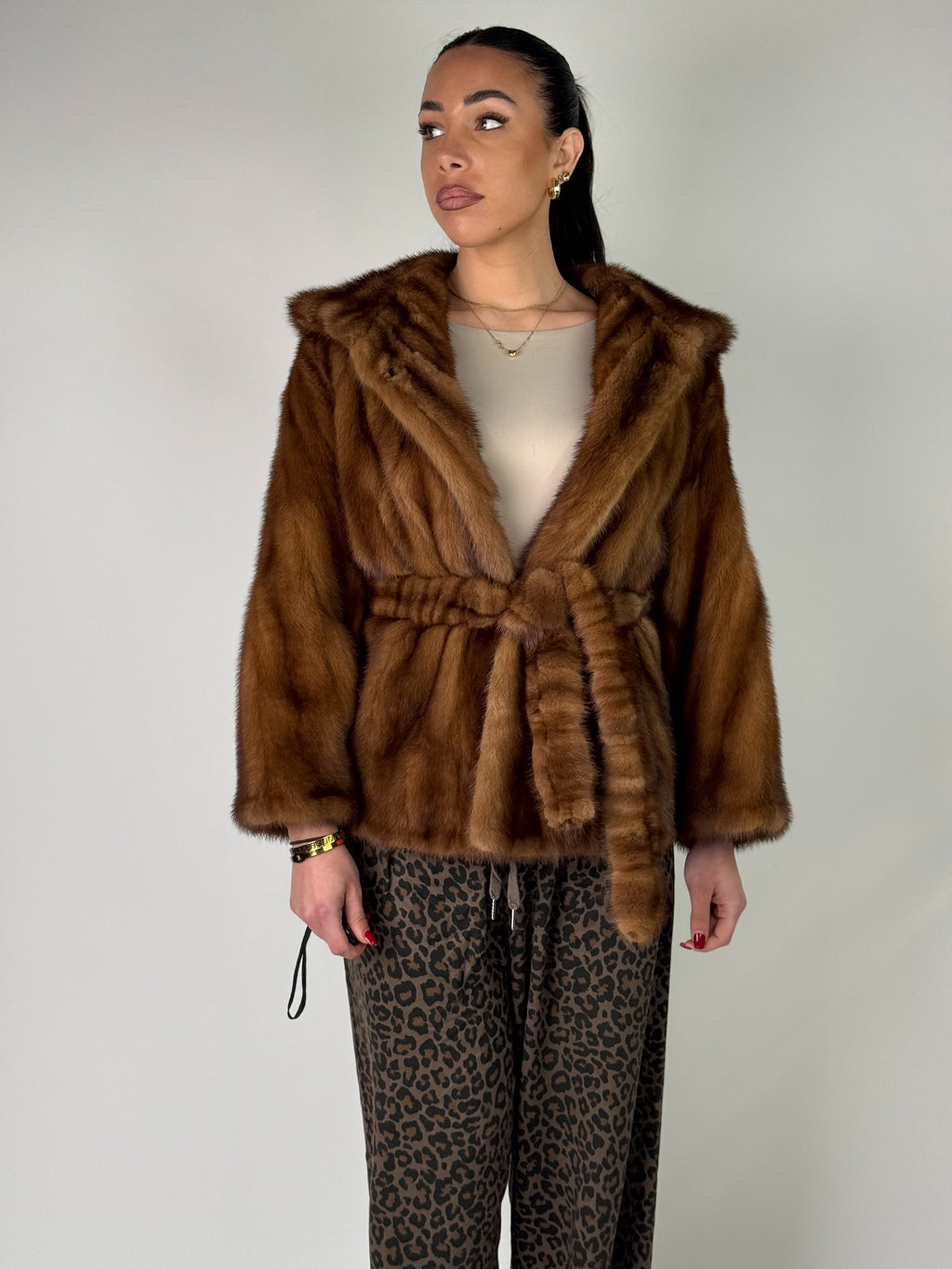 Mink jacket with belt and hood